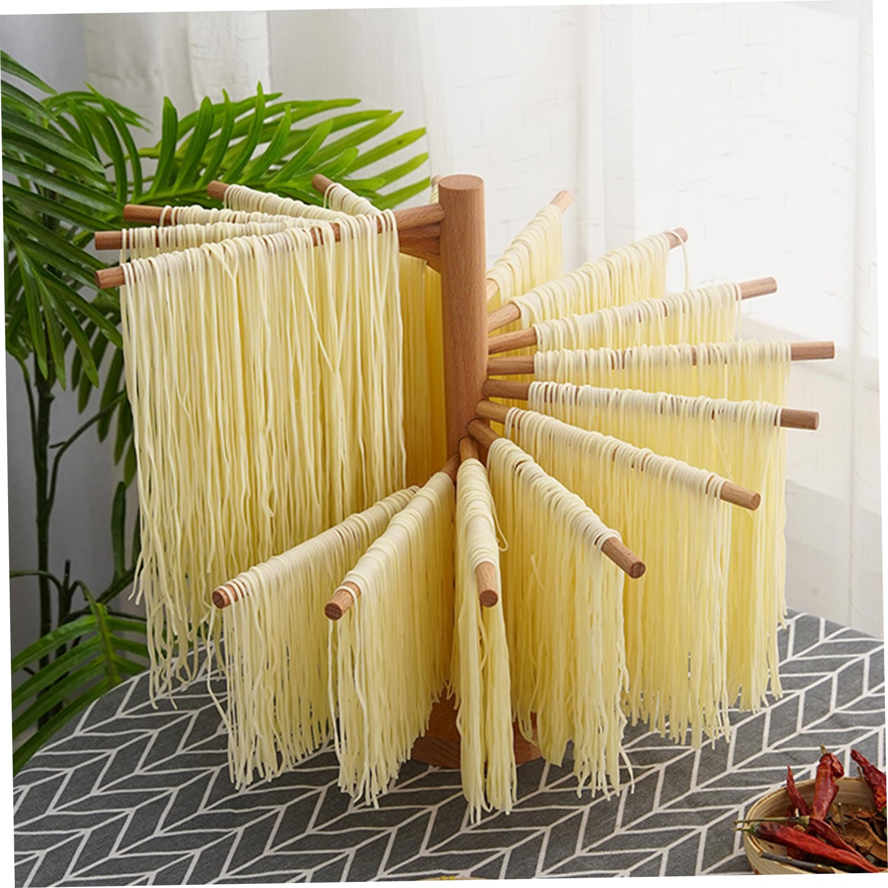 Relaxdays pasta droogrek, 8 armen, lange pasta ruimtebesparend ophangen, vouwbaar, pastarek bamboe, 28 cm hoog, naturel