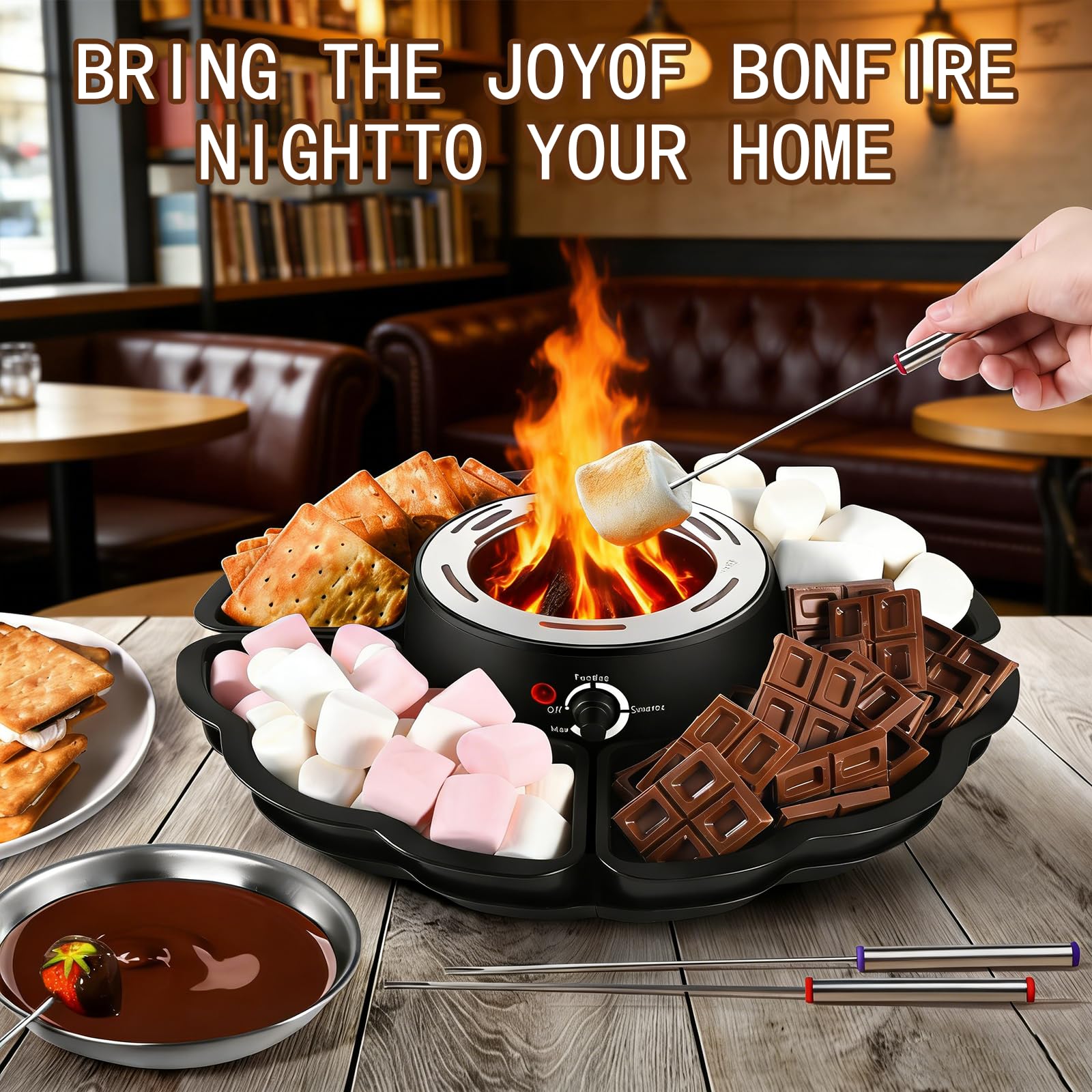 Schokoladenfondue, 2-in-1 Schokofondue Elektrisch & S’mores-Maker, Tischgerät für Innen mit 4 Röster-Gabeln, 4 Abnehmbaren Tabletts & Flammloser Temperaturgeregelter Heizgerät, Familie & Geschenk