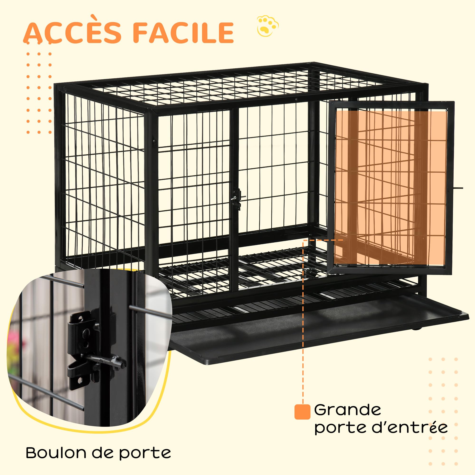 PawHut Cage pour Chien Animaux, sur roulettes 92L x 62l x 75H cm Noir | Cage de Transport, 2 Portes Verrouillables, Plateau Amovible, Charge Max. 150 Kg