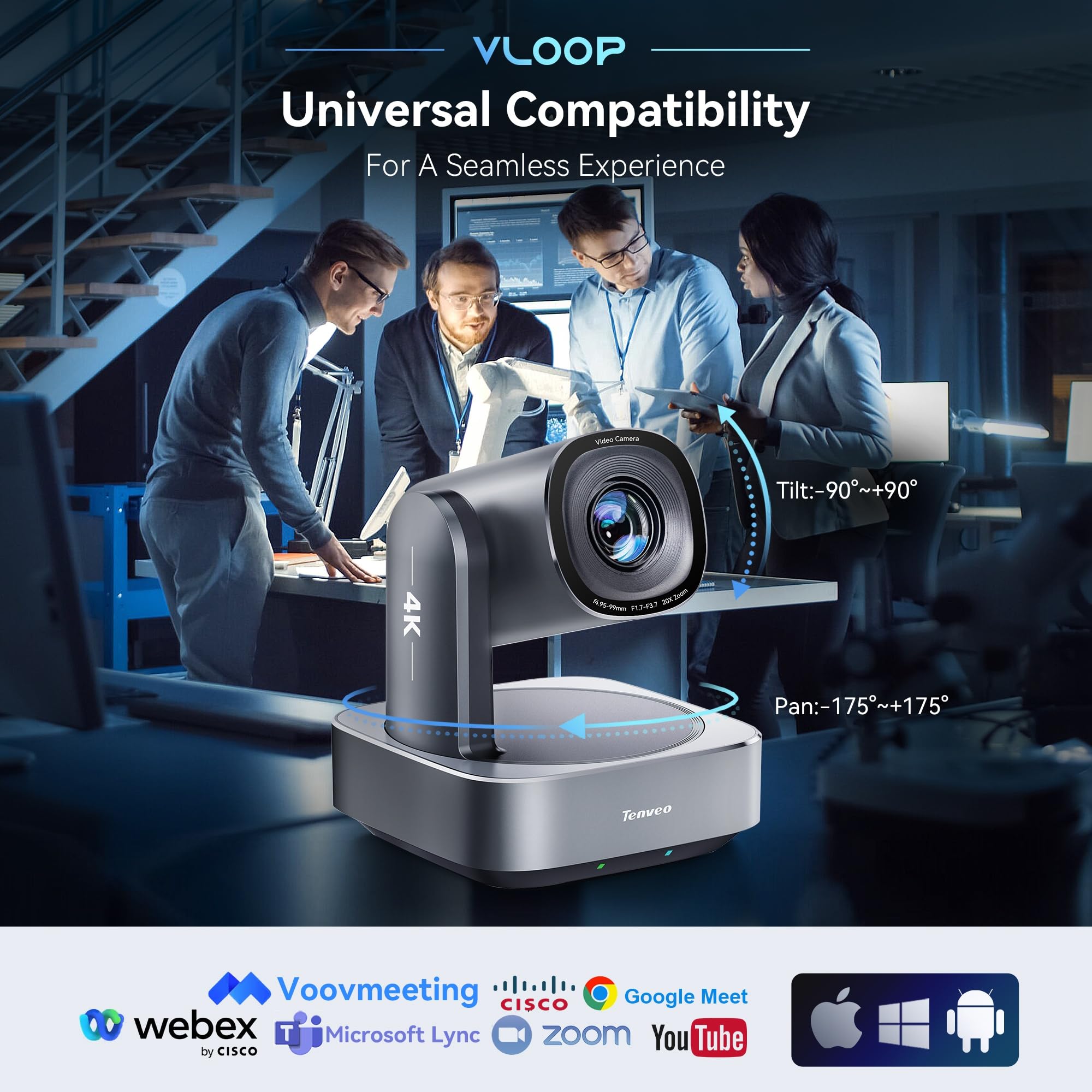 Tenveo 4K PTZ Cámara con Seguimiento por IA de Humanos y Rostros Zoom Óptico 20X + Digital 8X USB3.0/HDMI/LAN PoE IP Cámara para Transmisión en Vivo para Servicios Religiosos, Eventos de Transmisión
