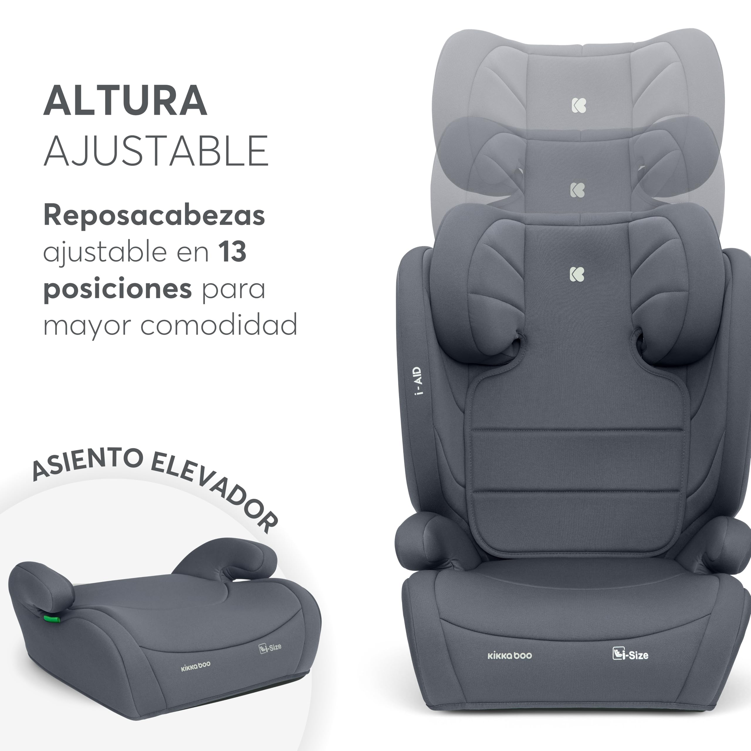 KikkaBoo Silla Coche Grupo 3 (15-36 kg, 100-150 cm) i-AID, Silla Para Niño sin ISOFIX, i-Size, De 3,5 a 12 Años, 13 Posiciones Reposacabezas, Gris — view 9