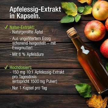 VITACTIV Apple Cider Vinegar Capsules High Dose - Pack of 90 - 150 mg Apple Vinegar Extract (1500 mg Powder) Only 1 Capsule Daily - Apple Cider Vinegar Capsules with Vinegar Mother - Vegan No Additives High dose vegan no additives. Vinegar extract the extract. Magnesium: normal mental function