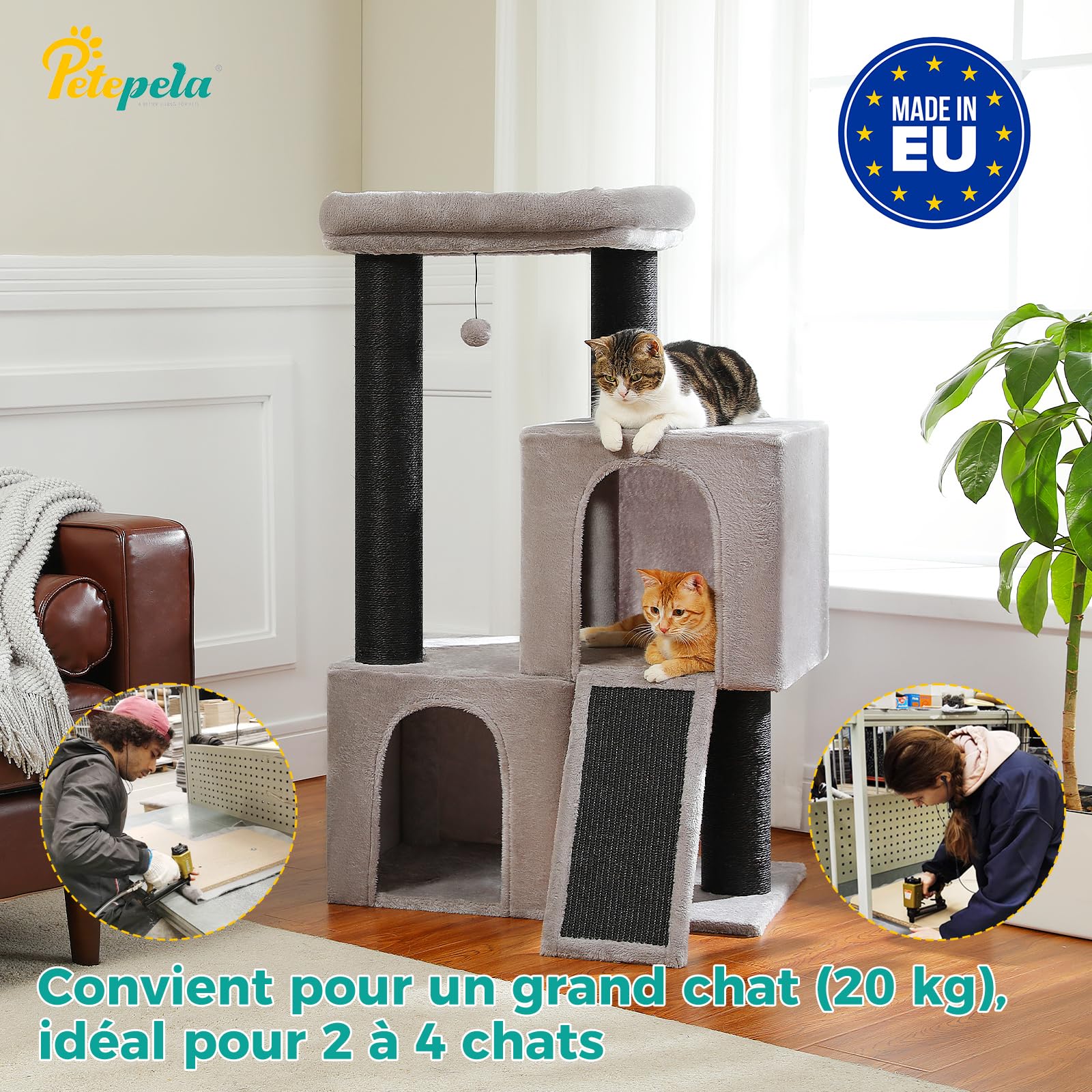 PETEPELA Rascador grande para gatos grandes, 114 cm, color negro y gris | Con troncos de 9 cm de grosor, totalmente envueltos en sisal y doble cueva extra grande
