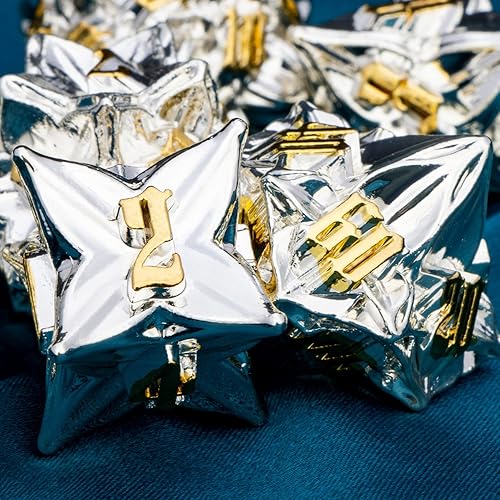 Miniatura 2 de ARUOHHA DND - Juego de dados de metal con diseño de números dorados de hoja plateada, dados poliédricos con caja, 7 dados D y D, juegos de rol D20