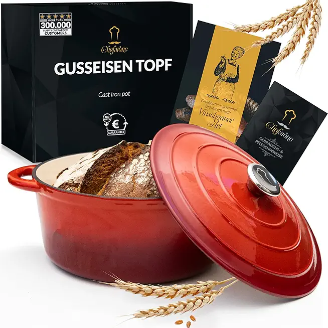 Gusseisen Topf 26 cm 4,7 L emailliert - Schmortopf mit Deckel Induktion - Gusseisen Bräter Topf Brot backen - Cocotte emaille - Bratentopf - Brotbacktopf