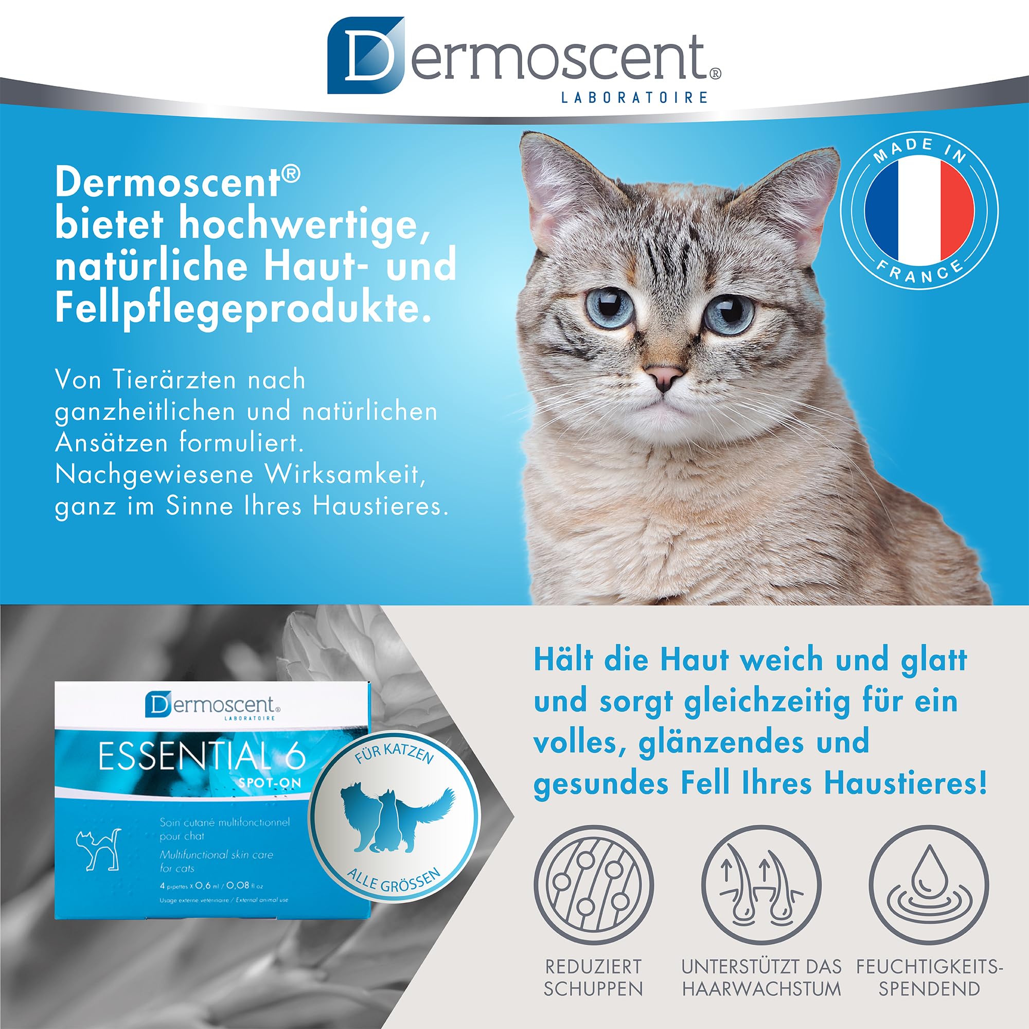 Essential 6 Spot-On | Innovatives Hautpflegeprodukt für Katzen | Hält die Haut feucht, das Fell glänzend, kontrolliert den Haarausfall, reduziert Gerüche und schützt mit natürlichen Inhaltsstoffen