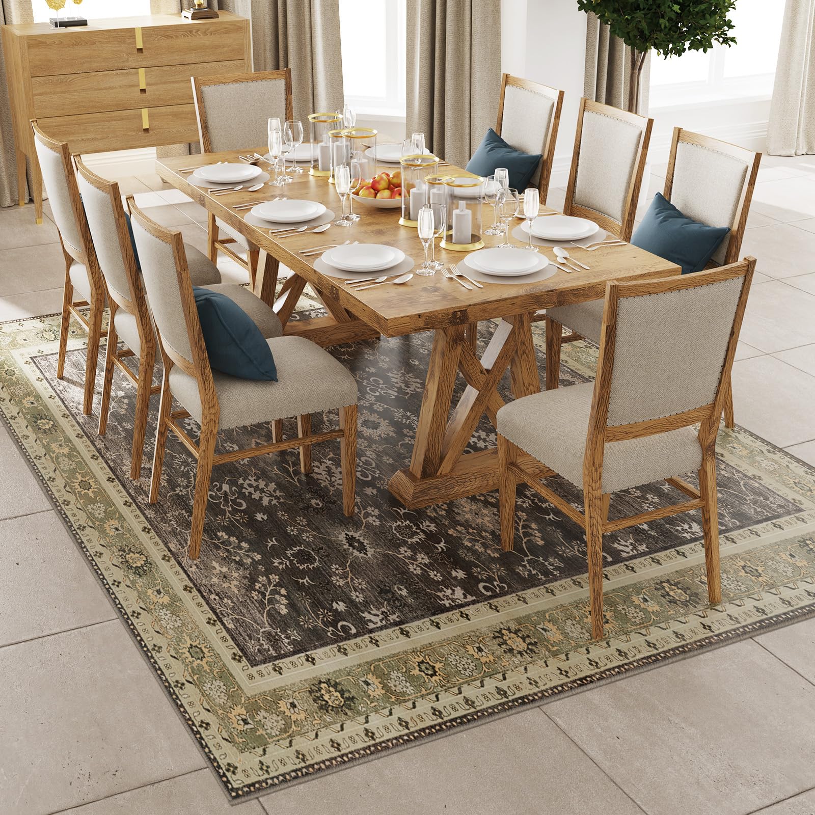 6x9 Washable Area Rug, Low Pile Faux Wool Carpet for Living Room, Bedroom, Dining Room, Vintage Flower Design, Non-Shedding Low-Pile Rug in Green for High-Traffic Areas with Non-Slip Rubber Back