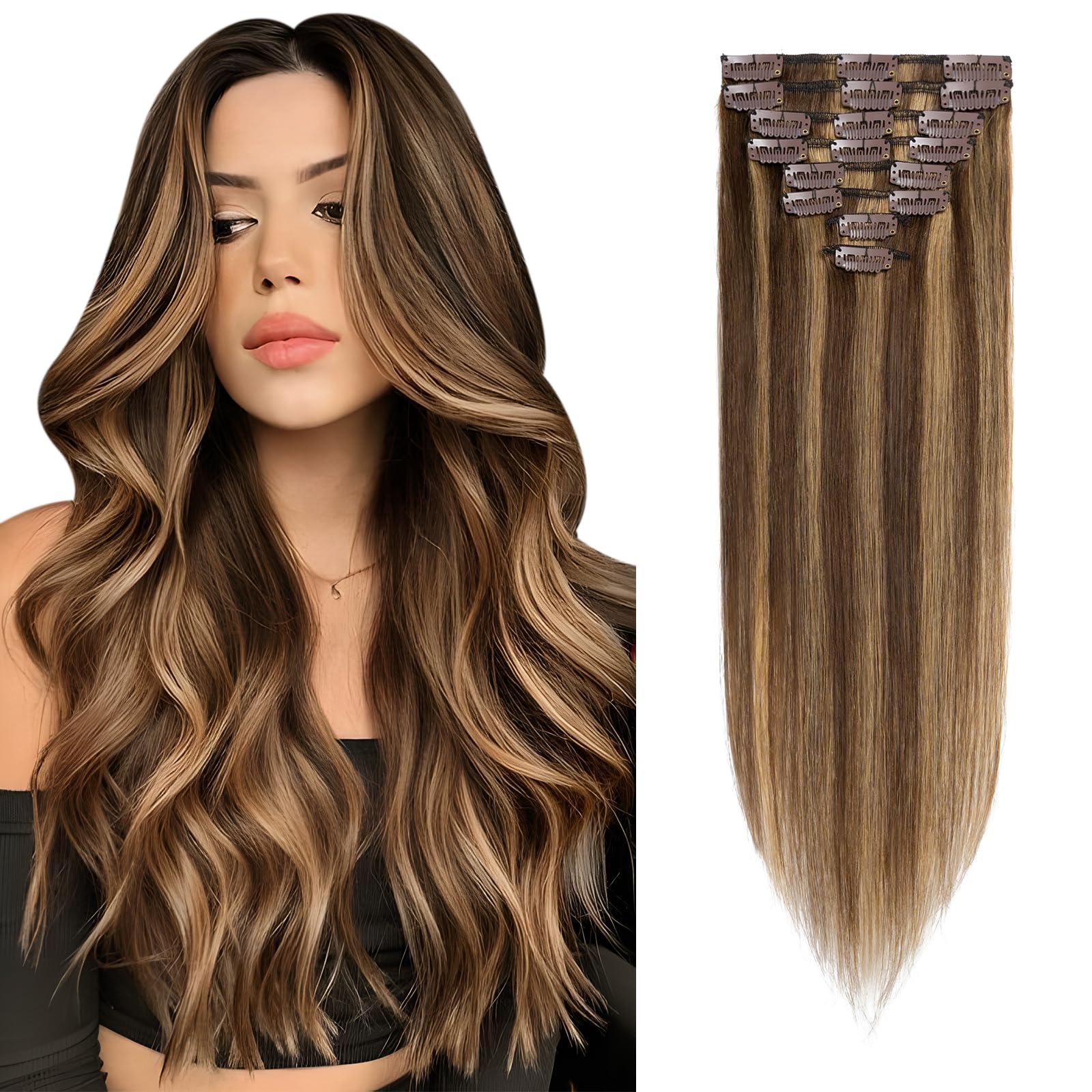 Elailite Clip in Hair Extensions Real Human Hair Remy Hair Short Hair, 8 Pcs Invisible Thin Weft