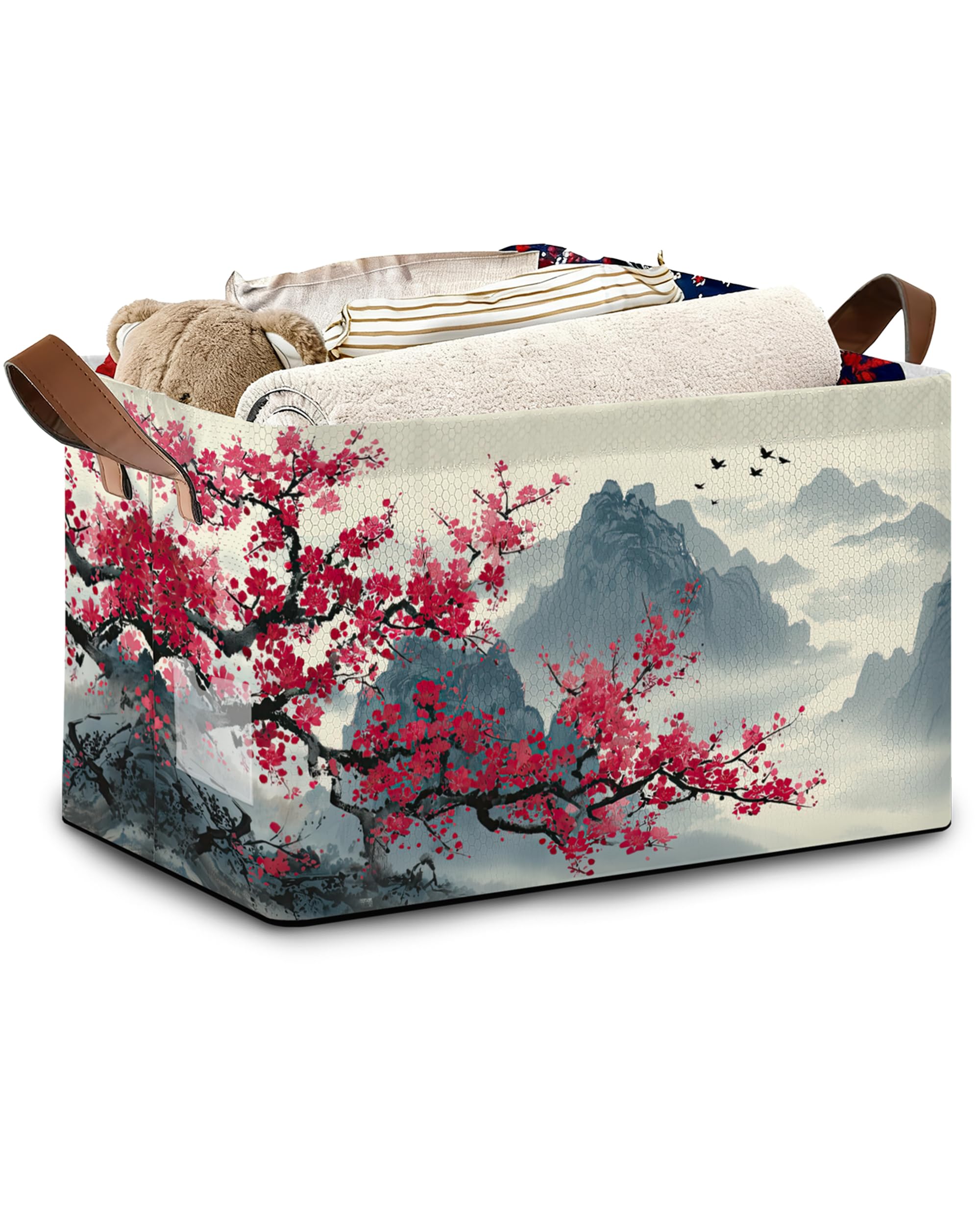 Cherry Blossom Collapsible Storage Box,Moutain Japan Organizer Bin with Handles for Room Decoration,Bins Book Basket Box 17x11.5x10Inch