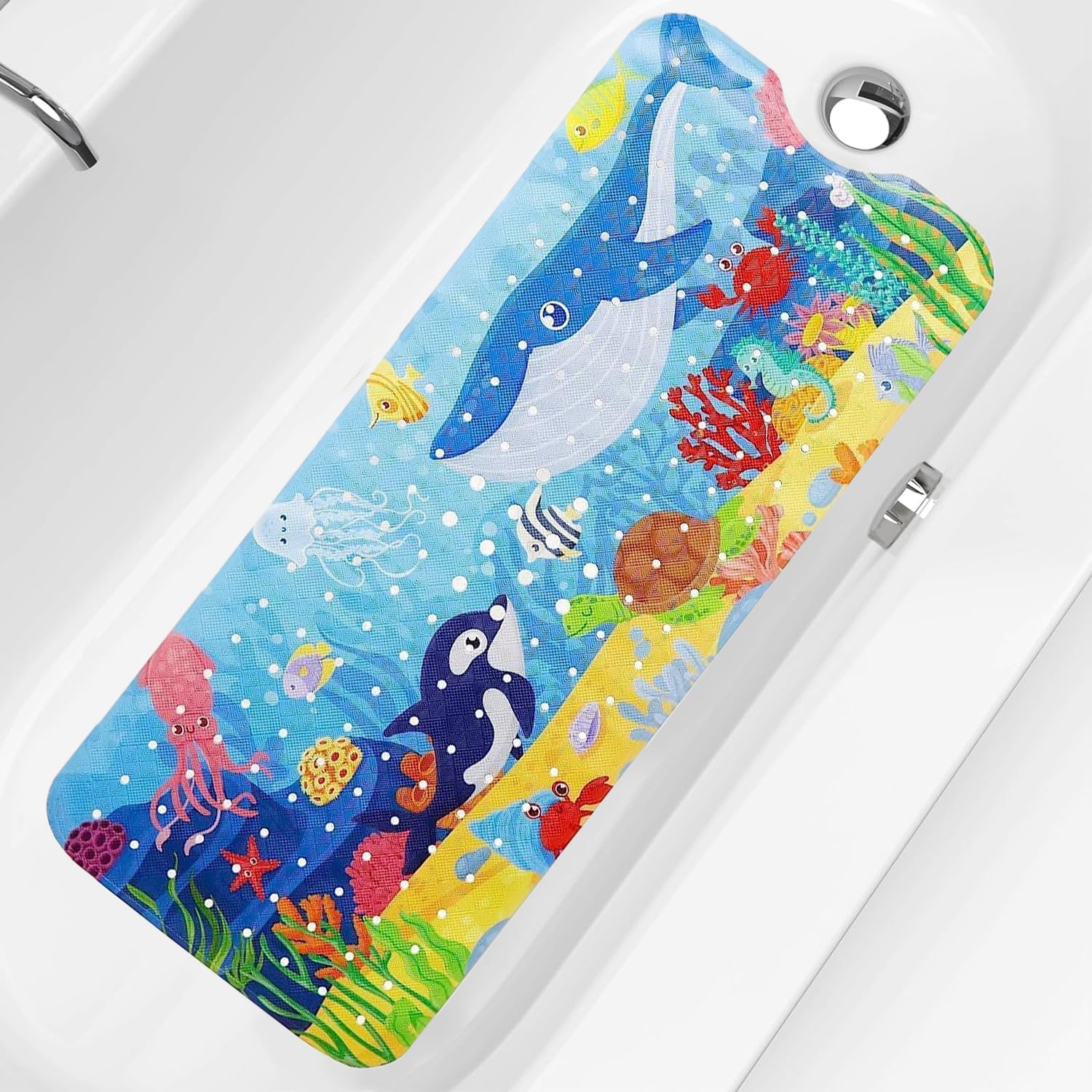 Excefore Baby Bath Mat for Tub for Kids, 40 X 16 Inch Bathtub Mat Non Slip, Cartoon Bath Tub Shower Mat Anti Slip with Drain Holes and Suction Cups Machine Washable (Whale + Dolphin)