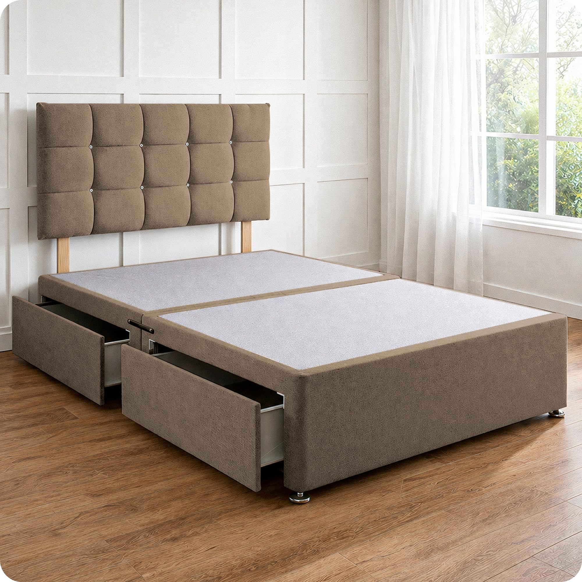 Comfy Deluxe LTD Divan Bed Base - 2FT6 Small Single, Brown | Linen Bed Frame with 20 Inch Cubic Headboard | No Mattress Included | 2 Same Side Storage Drawers & Chrome Glider Feet | UK Made