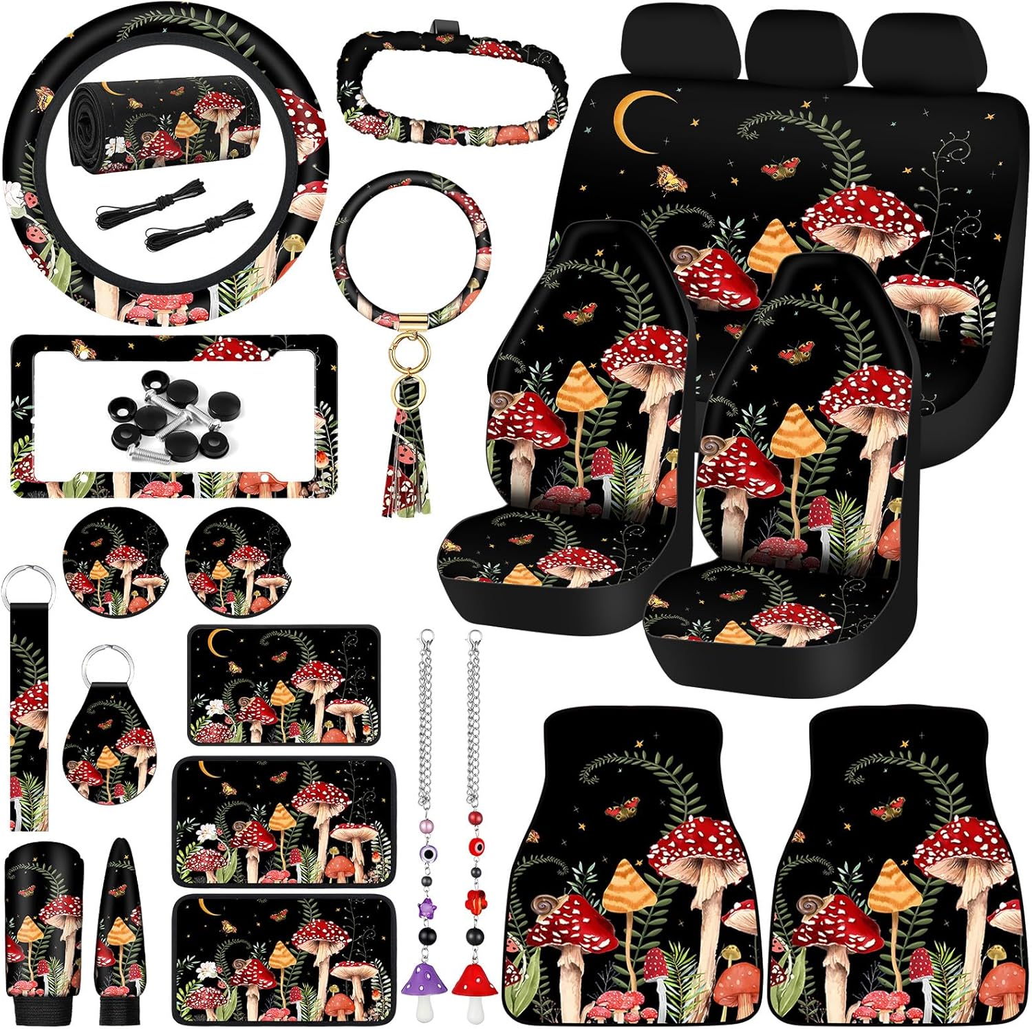 Fabbay 26 Pcs Mushroom Car Seat Covers Set with Protectors Steering Wheel Seat Belt Cover Floor Mat Armrest Cushion Key Chains Auto Interior Accessories for Women(Dark)
