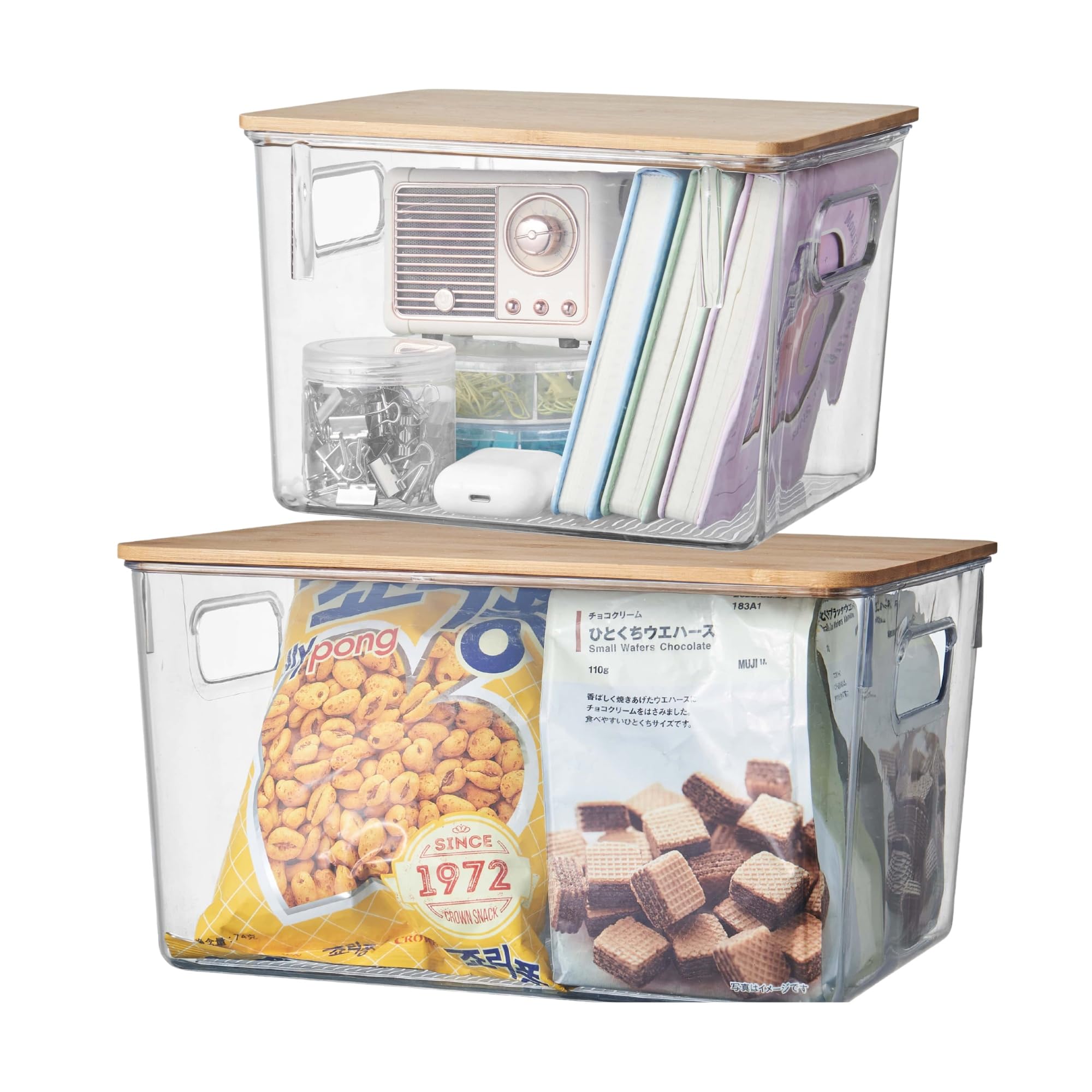 Eden & Willow Clear Plastic Storage Box with Bamboo Lid and Handles | Shelf Organiser Container with Lid for Home, Kitchen and Bathroom Organisation (Small + Large)