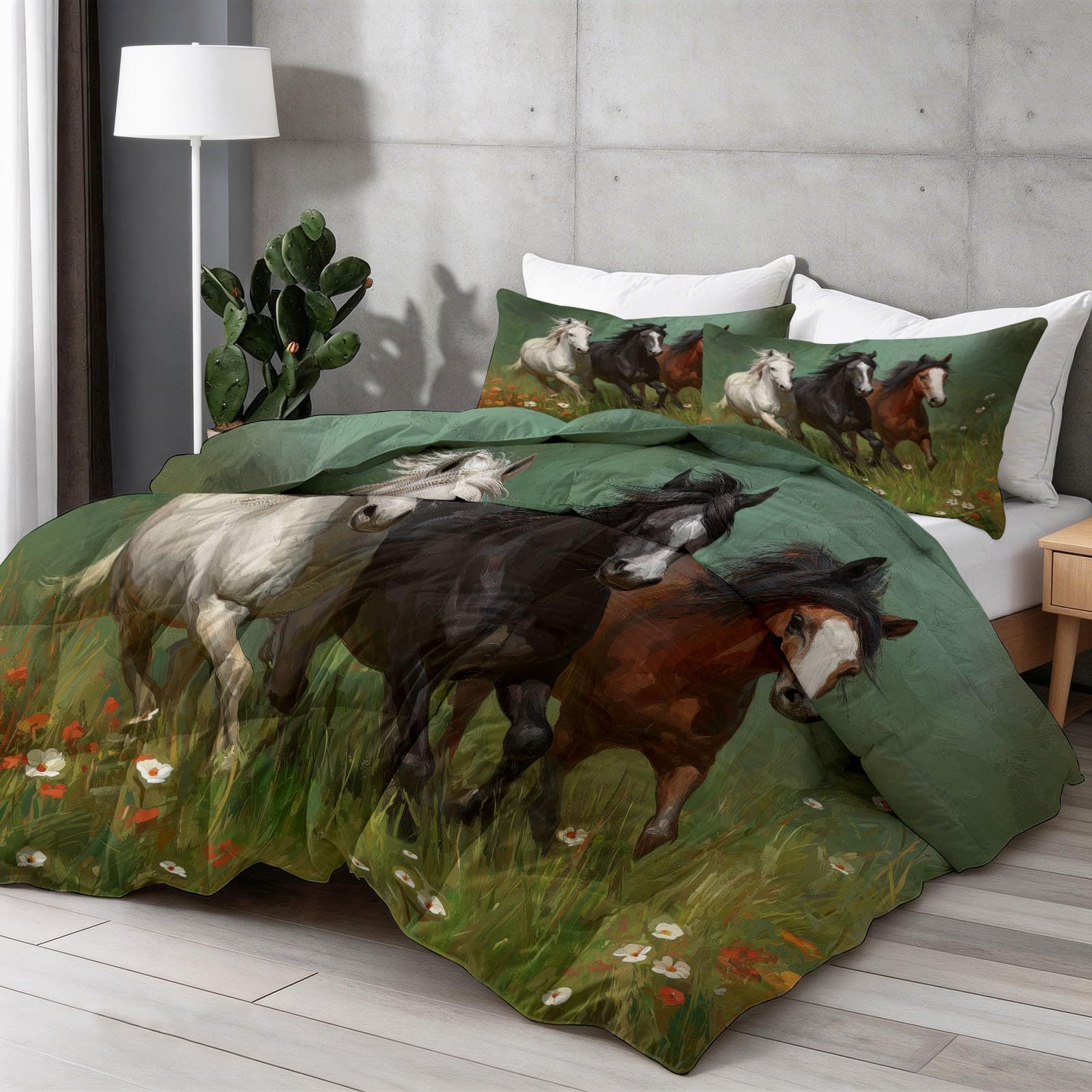 Genérico Edredón Cama Caballo, Animal Natural 240x220 cm, Edredón Reversible Sin Funda - Parure de Cama Tacto Suave, Listo para Usar y Lavado Fácil en Lavadora,Verde
