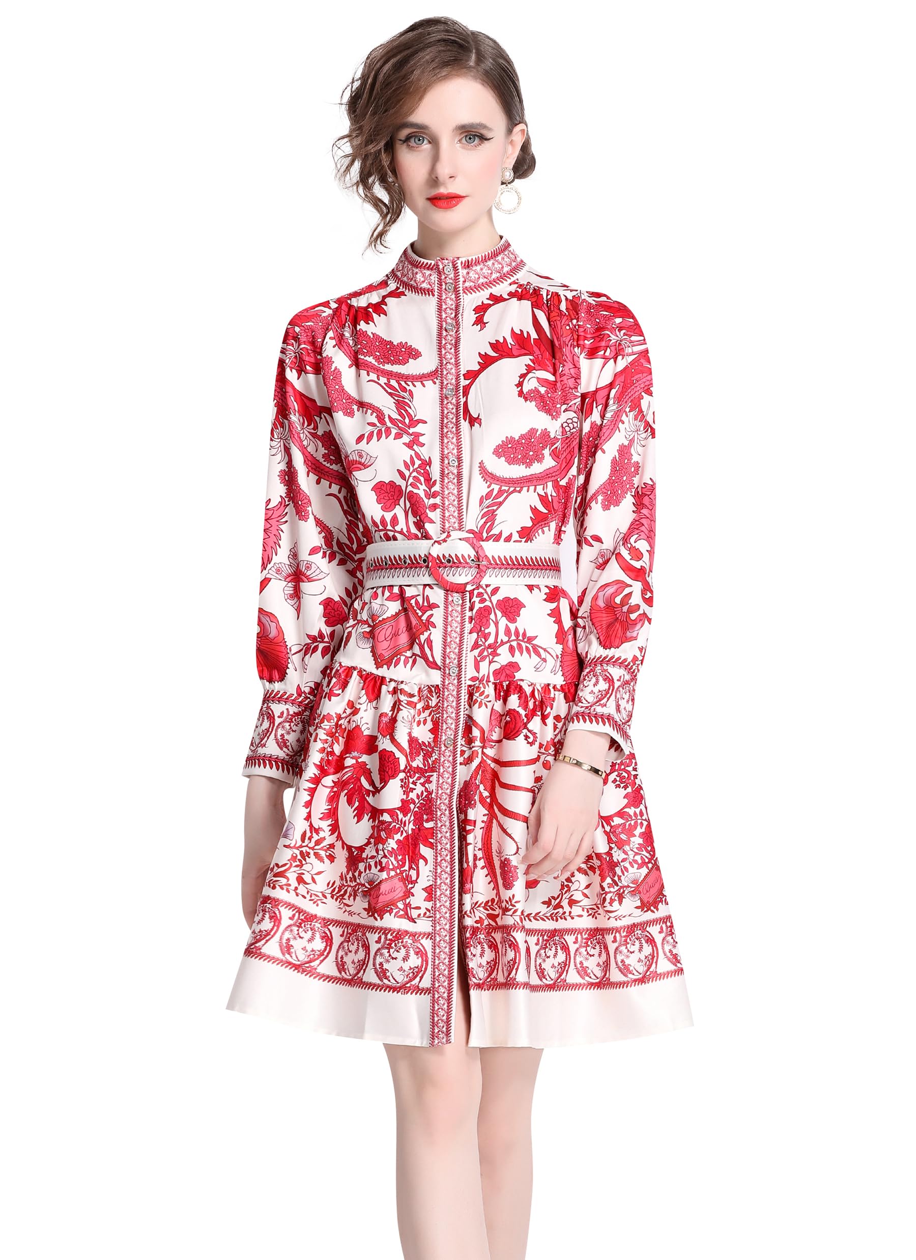 LAI MENG FIVE CATS Women's Floral Print Lantern Sleeve Button Casual A-line Mini Dress with Belt