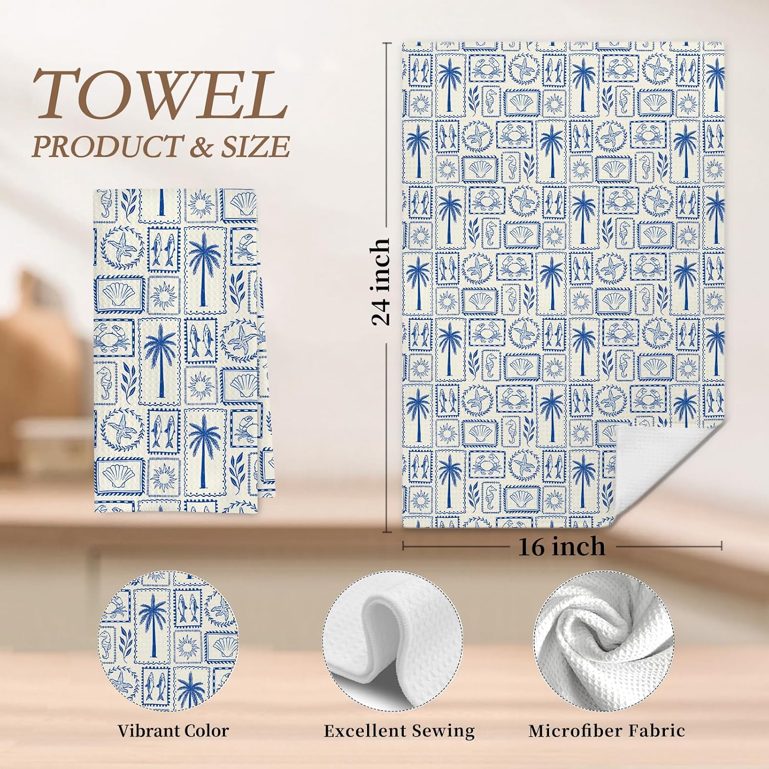 Blue and White Coastal Beach Kitchen Dish Towels, Gifts for Ocean Lovers, Tropical Palm Tree Fish Sea Animal Decorative Hand Tea Towels for Kitchen Bathroom, 16x24 Inch