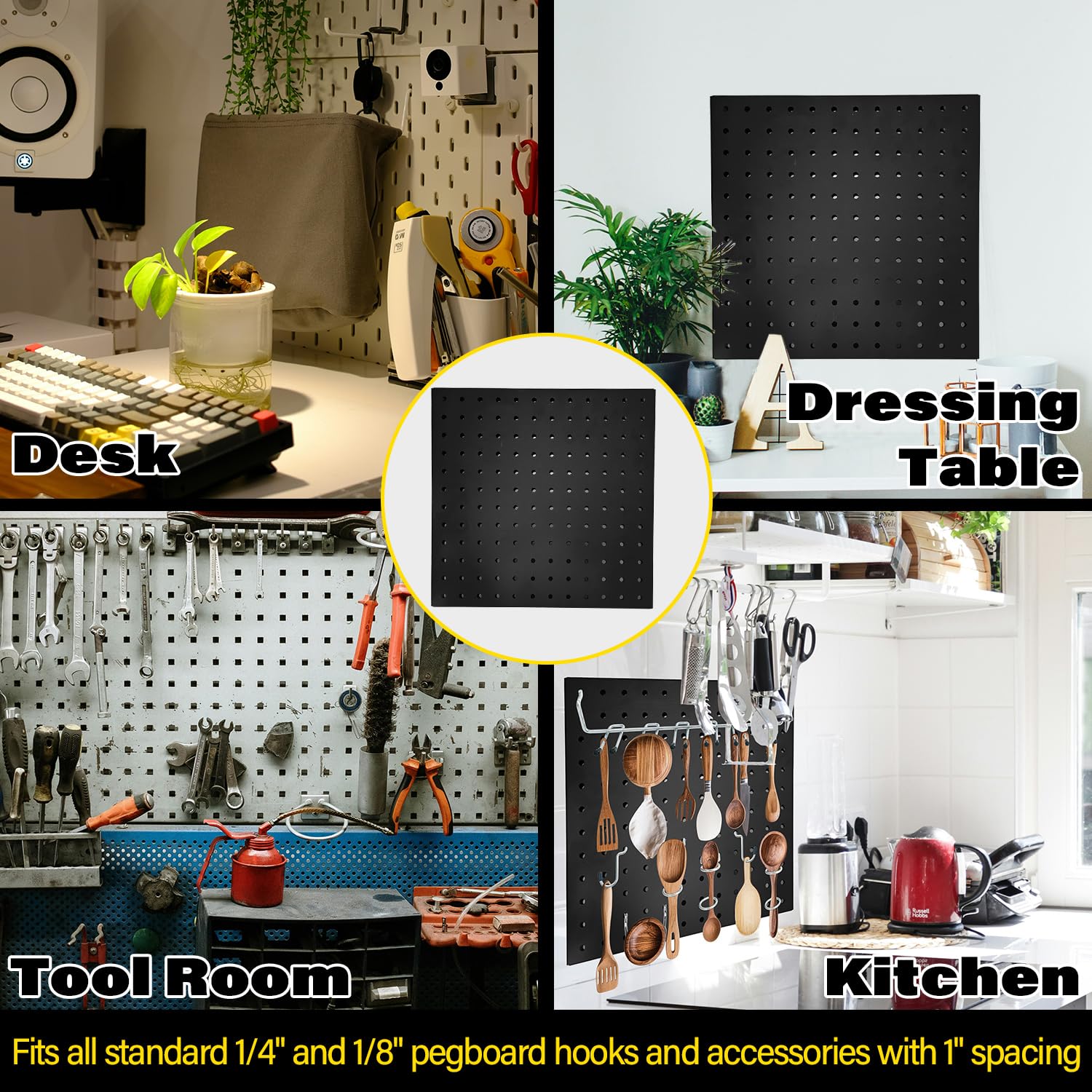 Confezione da 4 pannelli forati in metallo, 30,5 x 30,5 cm, organizer da parete per pareti di casa, garage, organizzazione dell'ufficio, sala artigianale, banco da lavoro (nero)