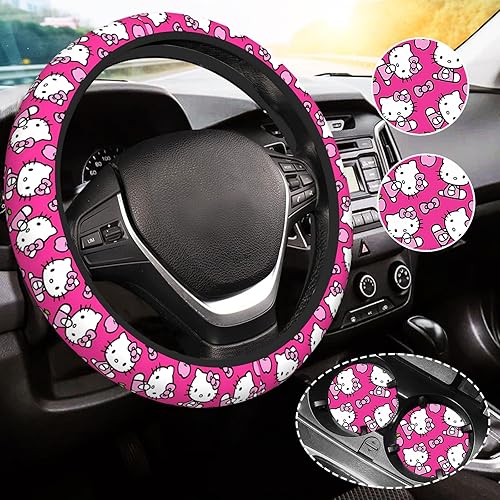 Funda de volante con 2 posavasos de automóvil para mujer, universal, de 14.5 a 15 pulgadas, funda de volante de flor de cerezo rosa, accesorios de