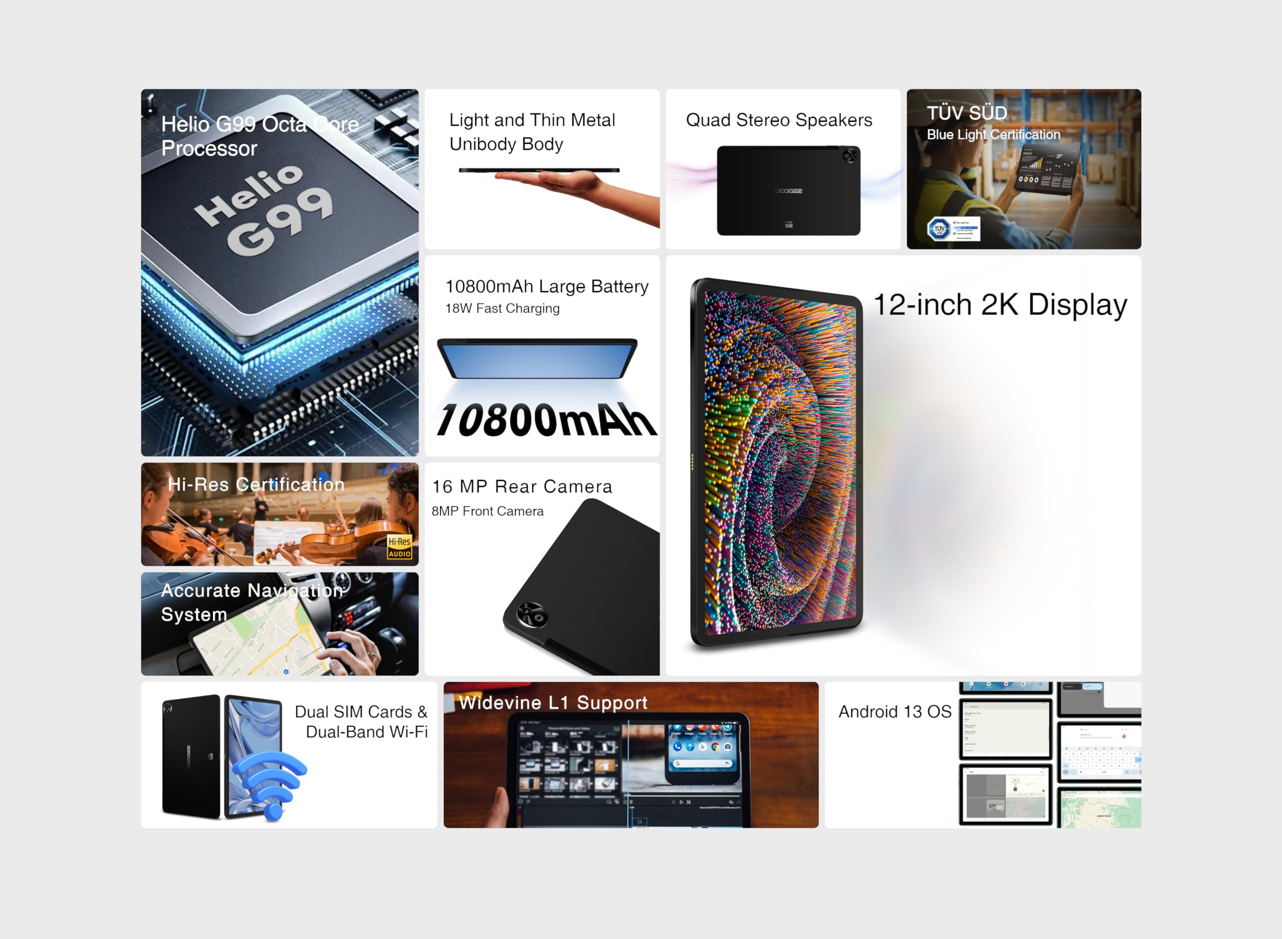 T20 Ultra Tablettes Tactiles(2024), 32GB RAM + 256GB ROM (TF 2TB) Octa-Core, Batterie 1080mAh, TÜV SÜD 12" Pollici 2.4K, Dual 4G LTE/SIM, 16MP + 8MP, Widevine L1/Japan Audio Gris