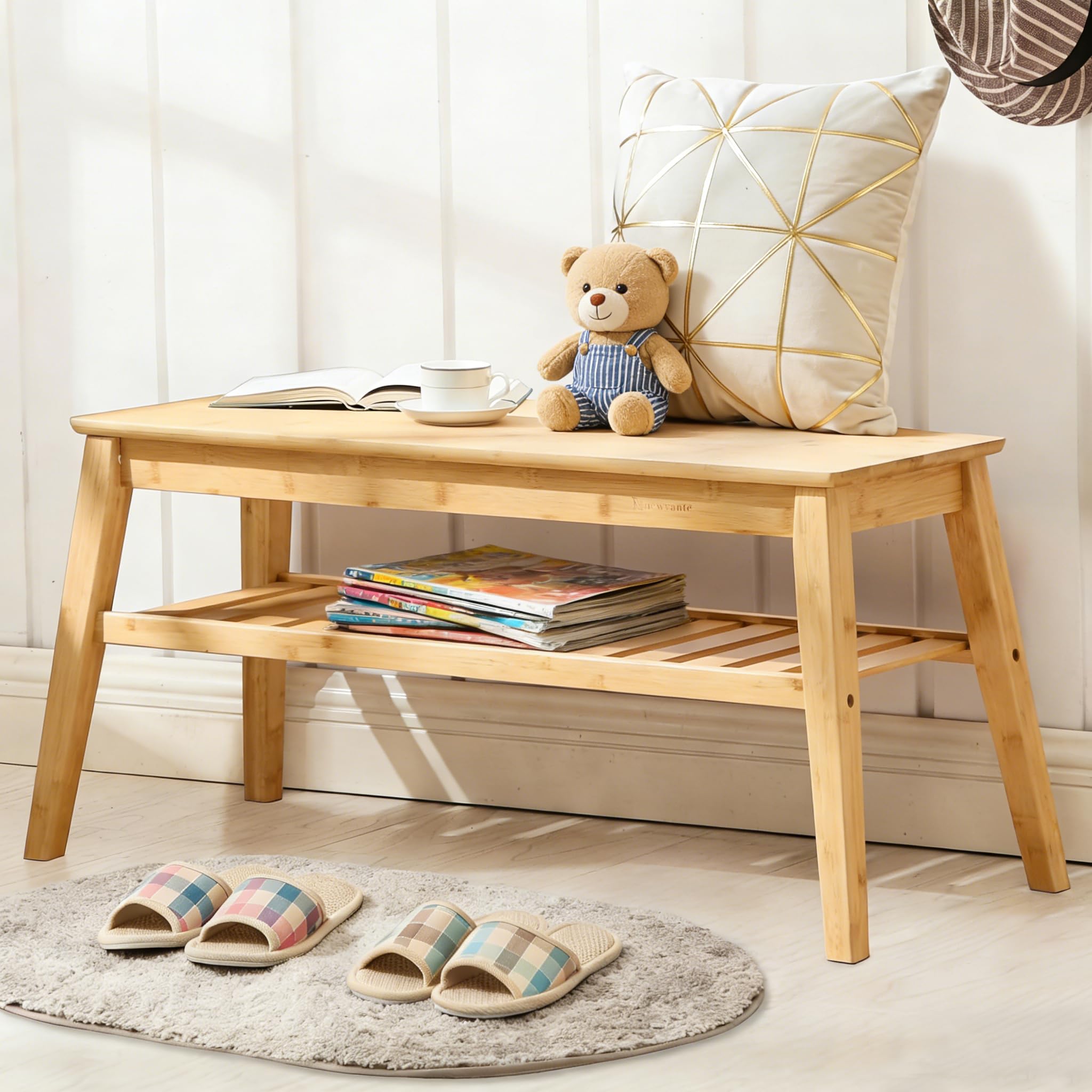 Nnewvante Bamboo Entryway Bench, 33.46" Indoor Storage Bench, Small Wood Benches for Living Room, Bedroom, Dining Room, Hallway, Outdoor Wooden Bench, Holds up to 300lbs