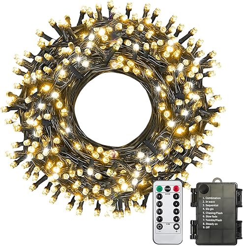 ITICdecor Guirnalda de 100 luces LED de Navidad de 33 pies, impermeable, funciona con pilas, 8 modos de luces decorativas para interiores y