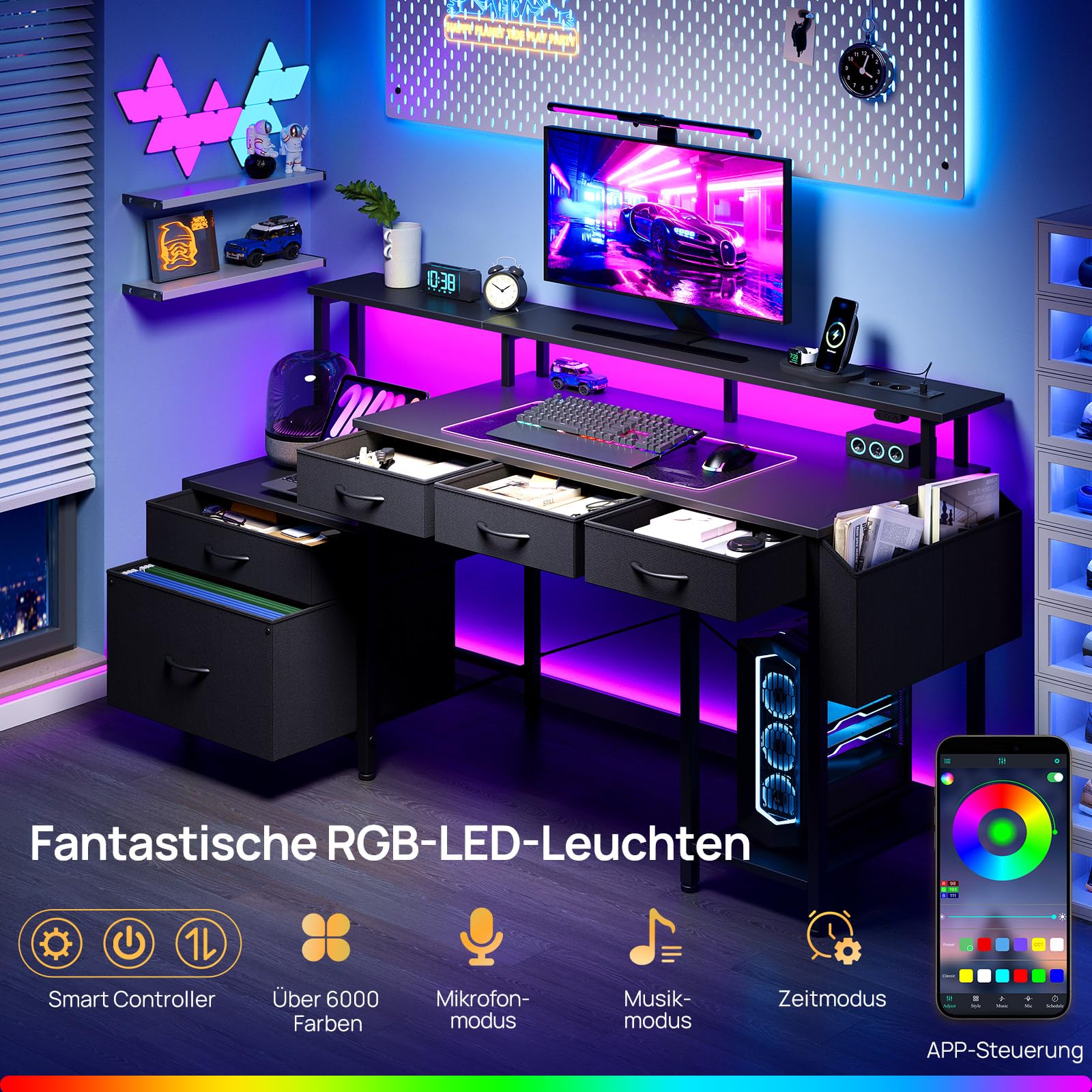 Rolanstar Schreibtisch mit Steckdose, Computertisch mit 5 Schubladen, LED, Aufbewahrungstasche & Monitorständer, Moderner Eckschreibtisch für Homeoffice & Gaming (Schwarz)
