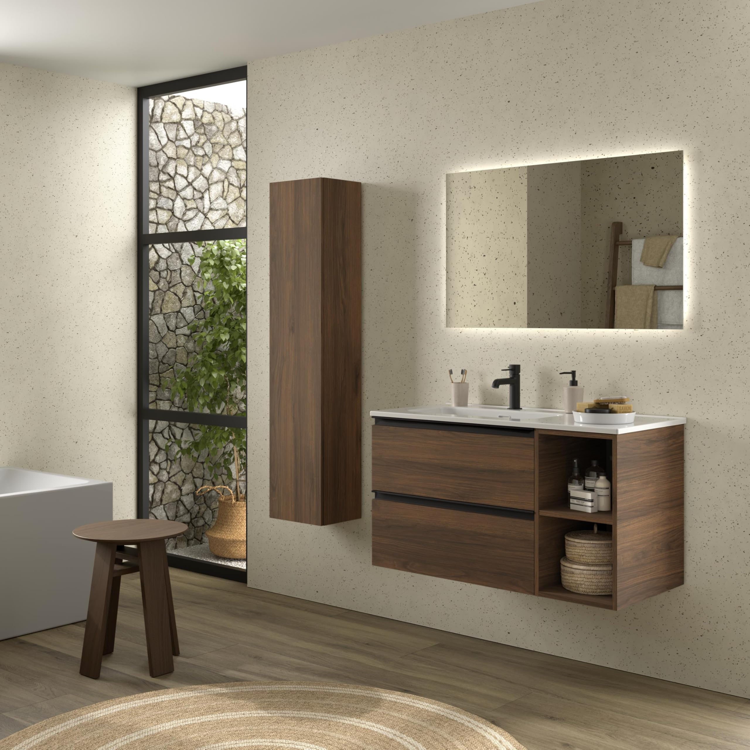 Mueble de Baño BEQUIA Plus Metal 100cm Nogal | Lavabo Porcelana Grifo Izquierda 2H