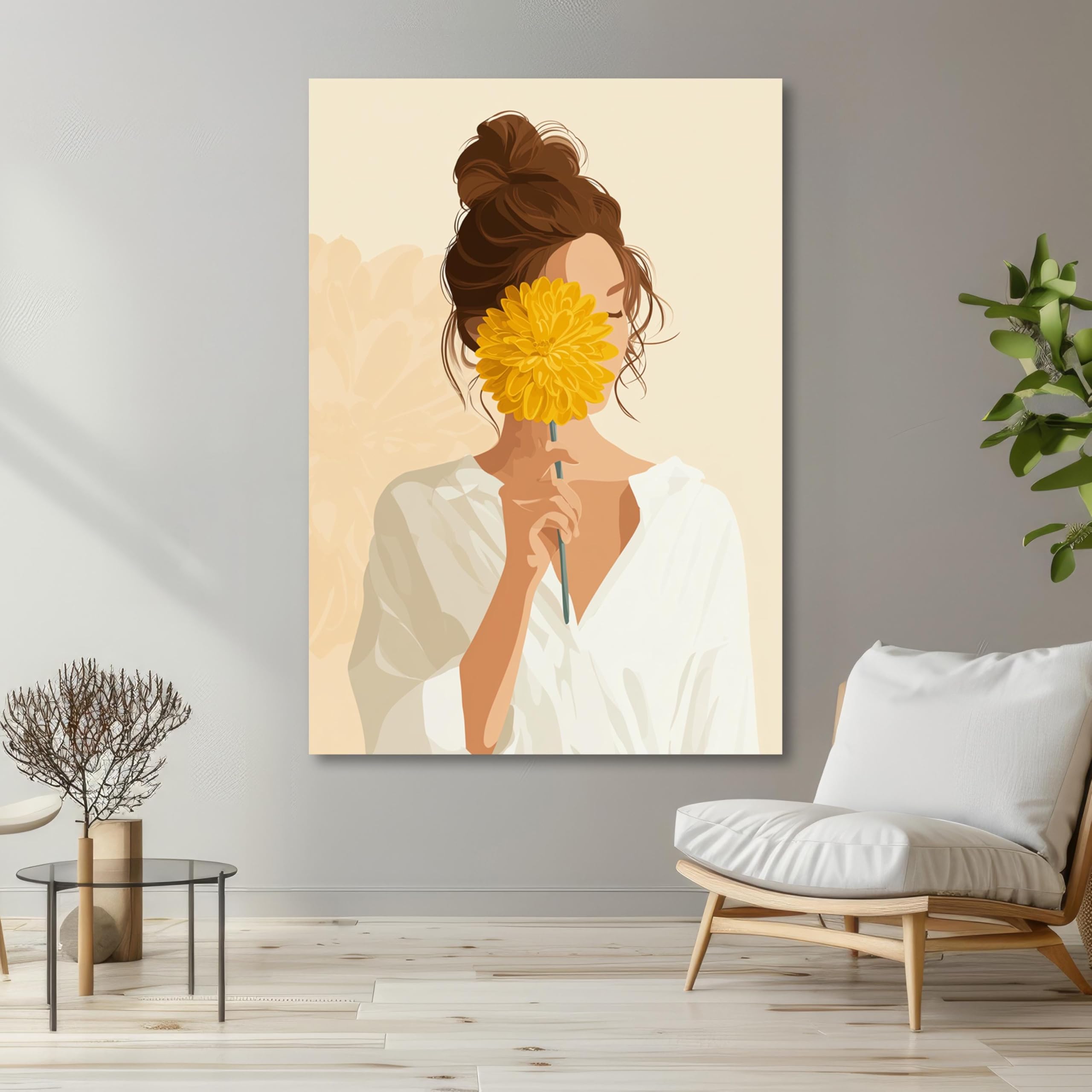 TONGYINLI Minimalistyczny obraz na płótnie, żółty kwiat plakat kobiety, portret dziewczyny, sztuka ścienna - neutralny druk estetyczny - wystrój domu boho (50x70 cm/wewnętrzna rama)