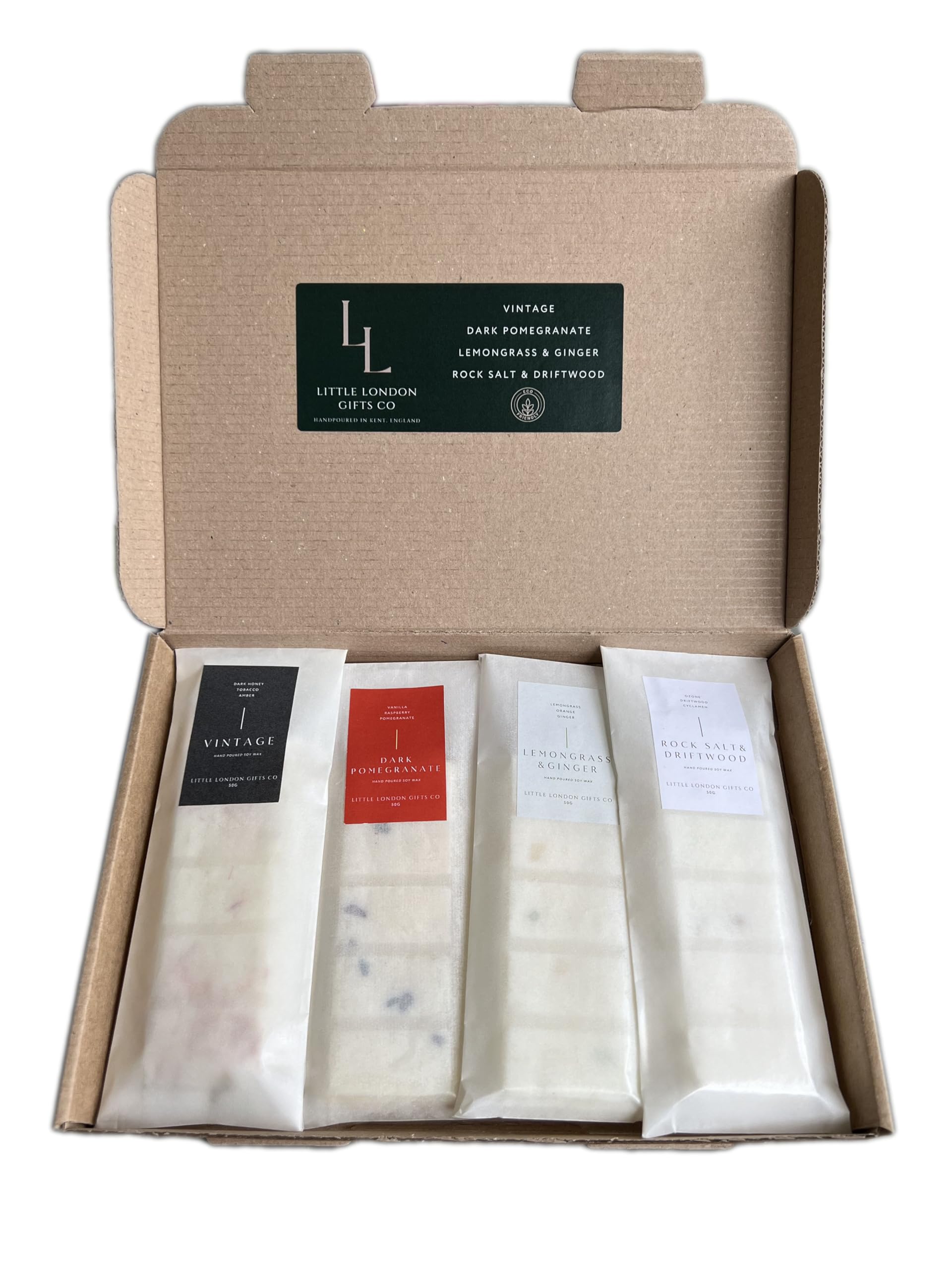 Wax Melts Set, 200g Luxury Set, Eco-Friendly, 160+ Hrs | 4 Scents: Pomegranate, Lemongrass, Honey, Driftwood