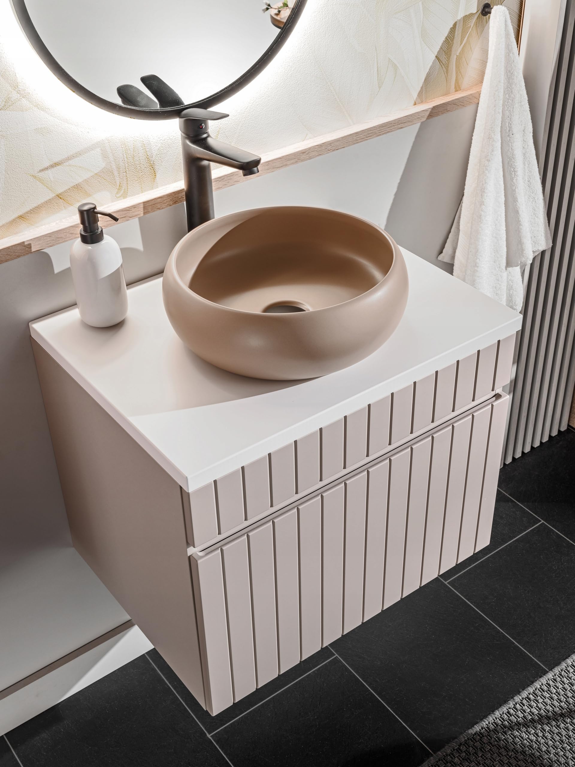Armadietto da bagno a parete con lavabo da appoggio e 2 cassetti, in cashmere, 140 cm