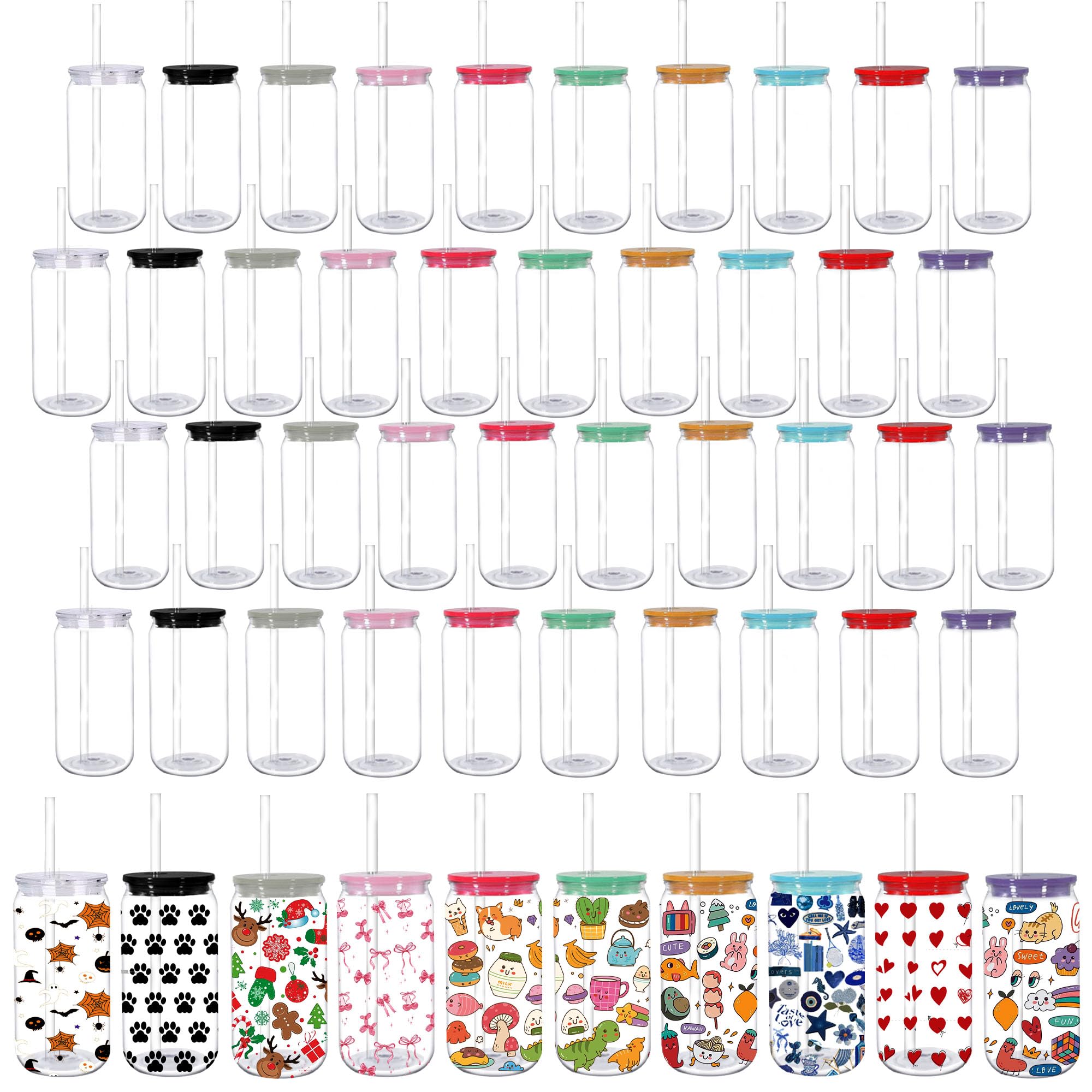 Icesip 50Pack Acrylic Mason Jars Cups with Lids and Straws, 16 oz Clear Plastic Tumbler, Iced Coffee Cups Water Bottles Mugs for Wedding Party Favor