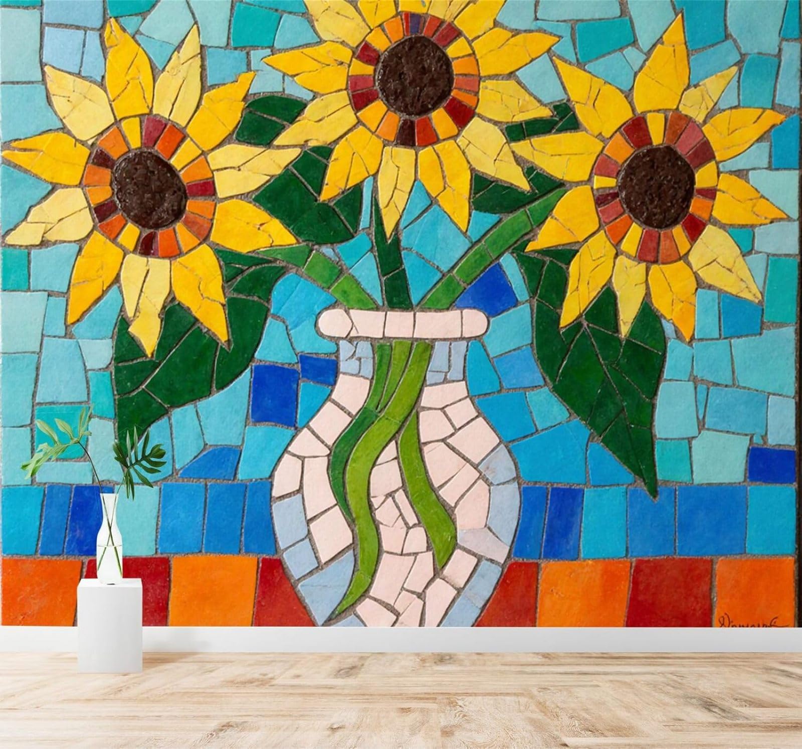 Xlming 350Cm×256Cm(B×H) Yellow Sunflowers Vase Abstract Blue Mosaic 3D Wallpaper Silky Texture Home Study Office Grey Dining Room Sofa Bedroom Living Room Tv Backdrop-350Cm×256Cm