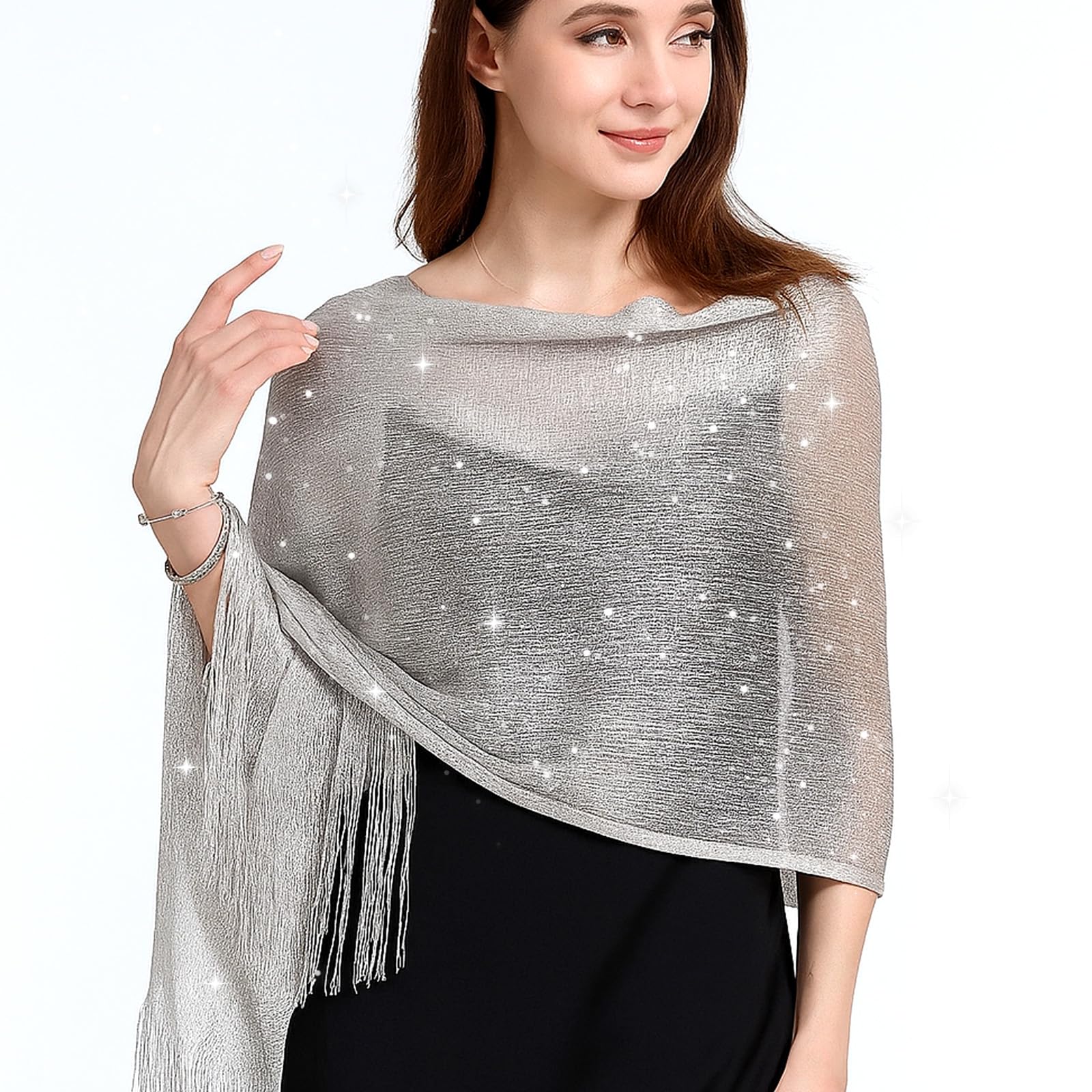 Scialli e involucri da donna per abiti da sera con glitter, scialli con frange, mantello da sposa per sposa e damigella d'onore, argento