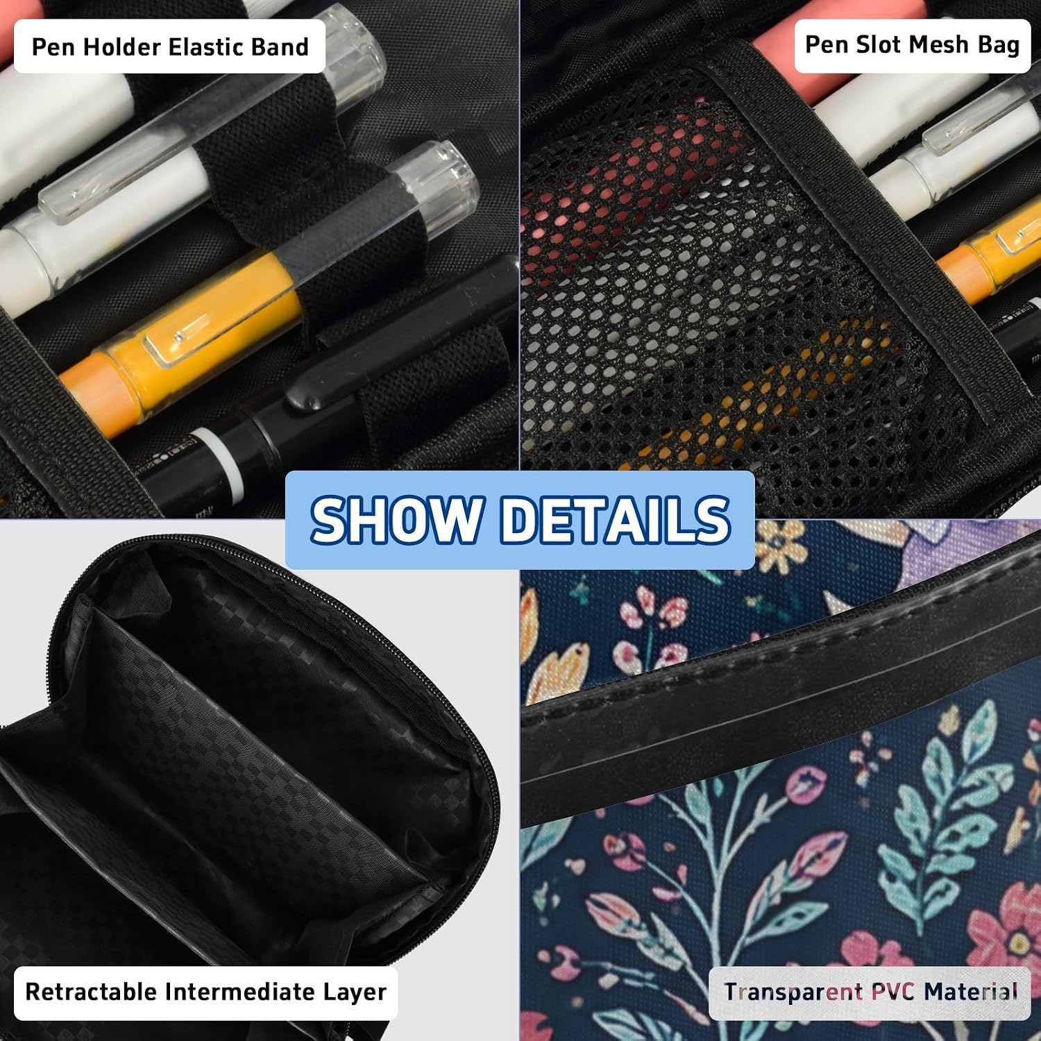 ALAZA Floral Dinosaur Large Capacity Pencil Case, Aesthetic Stationery Organizer Bag with Clear PVC Window, High Capacity Pen Pouch with Dividers for School Office Travel image 4