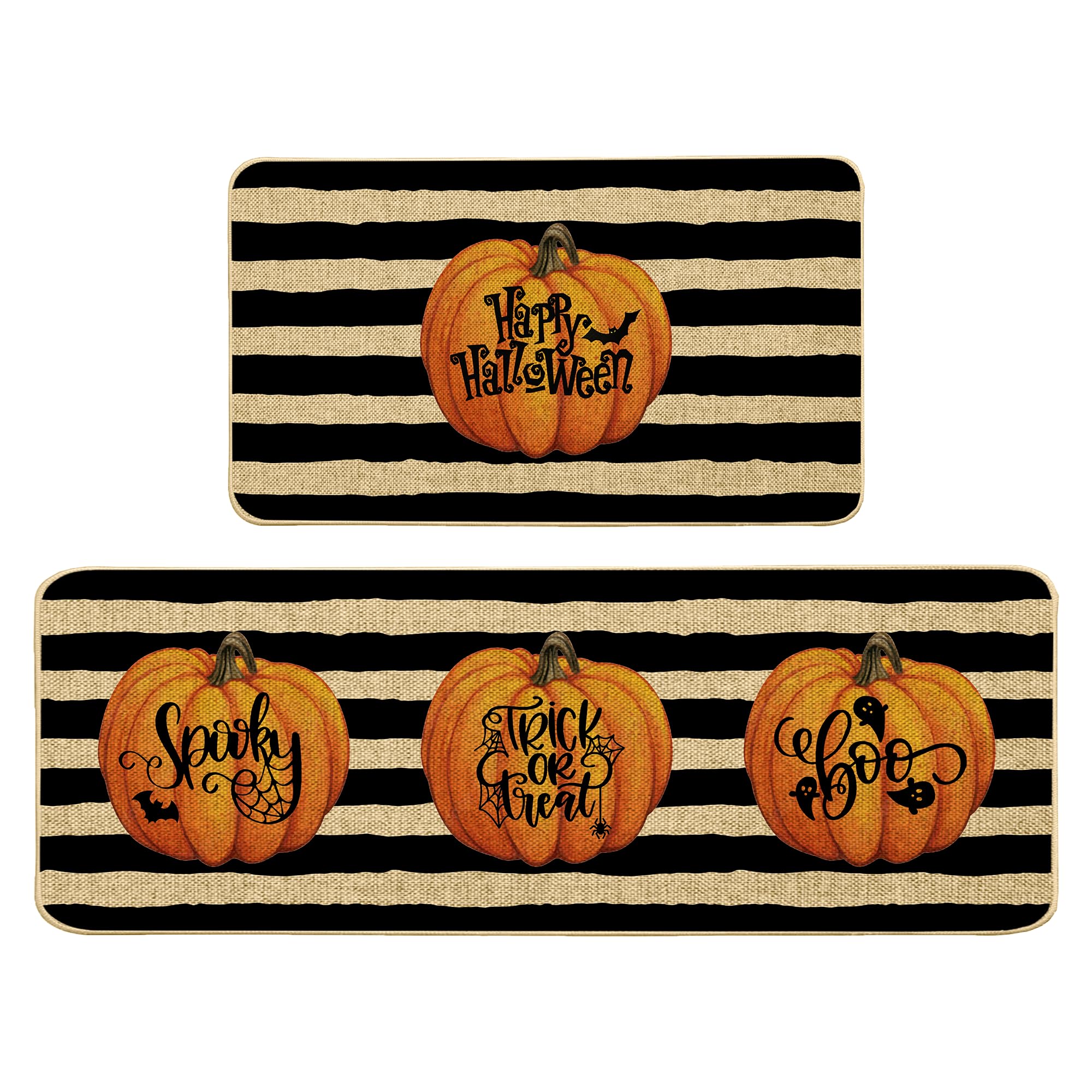 Watercolor Stripes Pumpkin Kitchen Mats Set of 2, Fall Kitchen Decor
