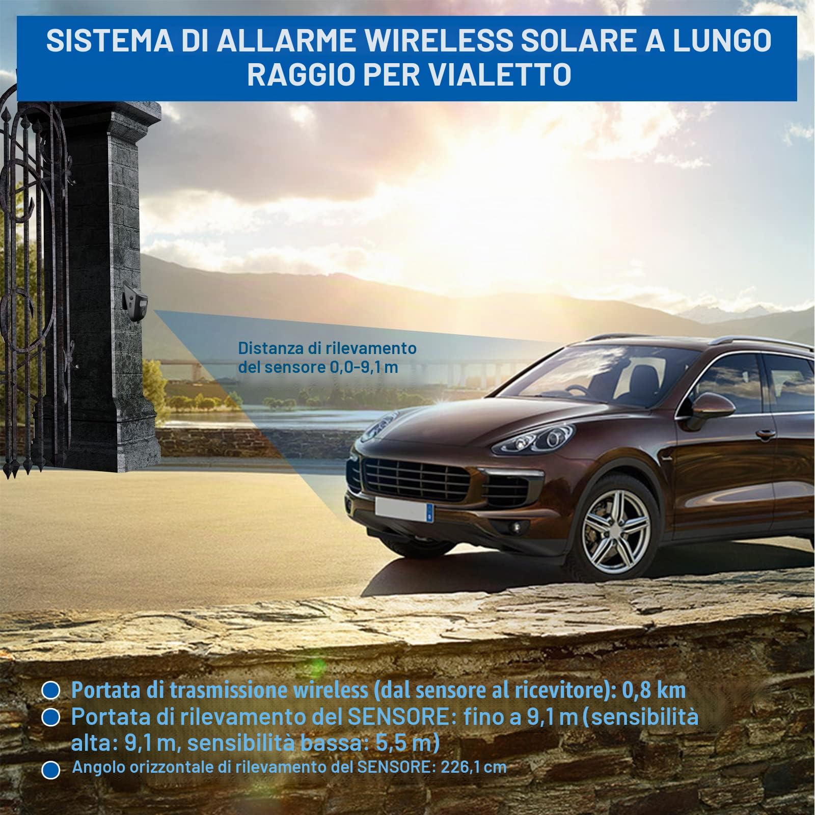 Allarme solare senza fili per vialetto esterno, resistente alle intemperie, rilevatore di movimento, campanello per porta, sistema di allarme di sicurezza fai da te (2 sensori e 1 campanello)
