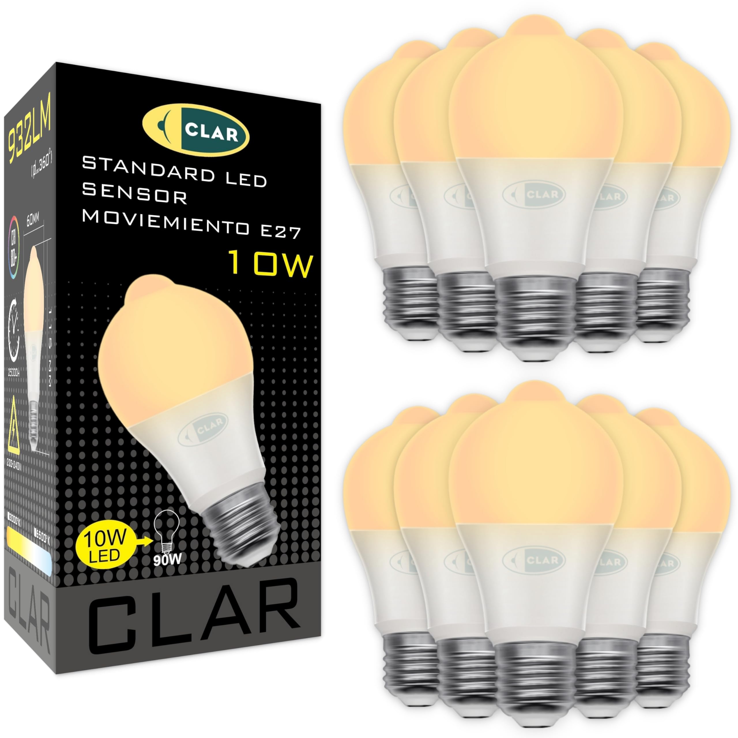 CLAR - Lampadina con sensore di movimento E27, accensione automatica, 10W 3000K Bianco Caldo, per interno corridoio/garage (Pack 10)