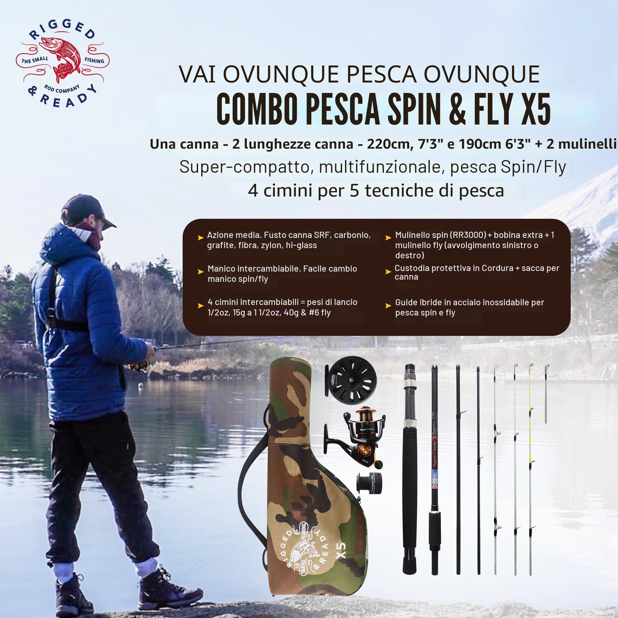 Rigged and Ready X5 Series Canna da Pesca da Viaggio Spin-Fly Con 2 Mulinelli, Max Super Compact, Multifunzionale, 4 Punte, 5 Tecniche