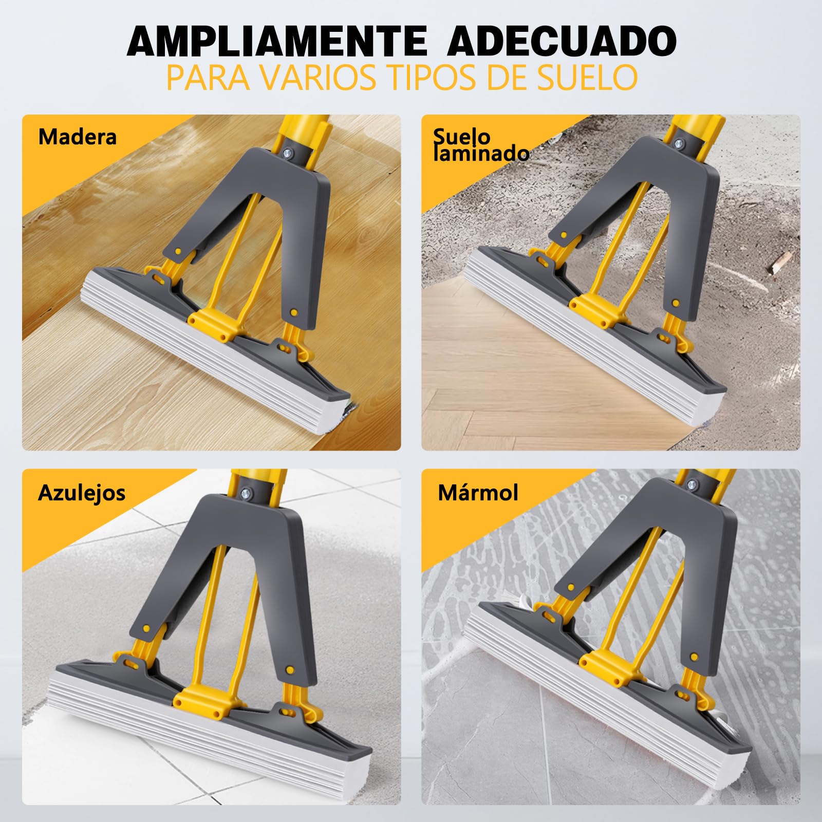 Masthome Fregona de Esponja con Mango de 130 cm, Fregona Absorbente con 3 Cabezas de Esponja, Esponja para Limpieza del Suelo, Mopa Fregona para Baldosas, Laminado, Limpieza de Suelos de Madera Dura — view 7