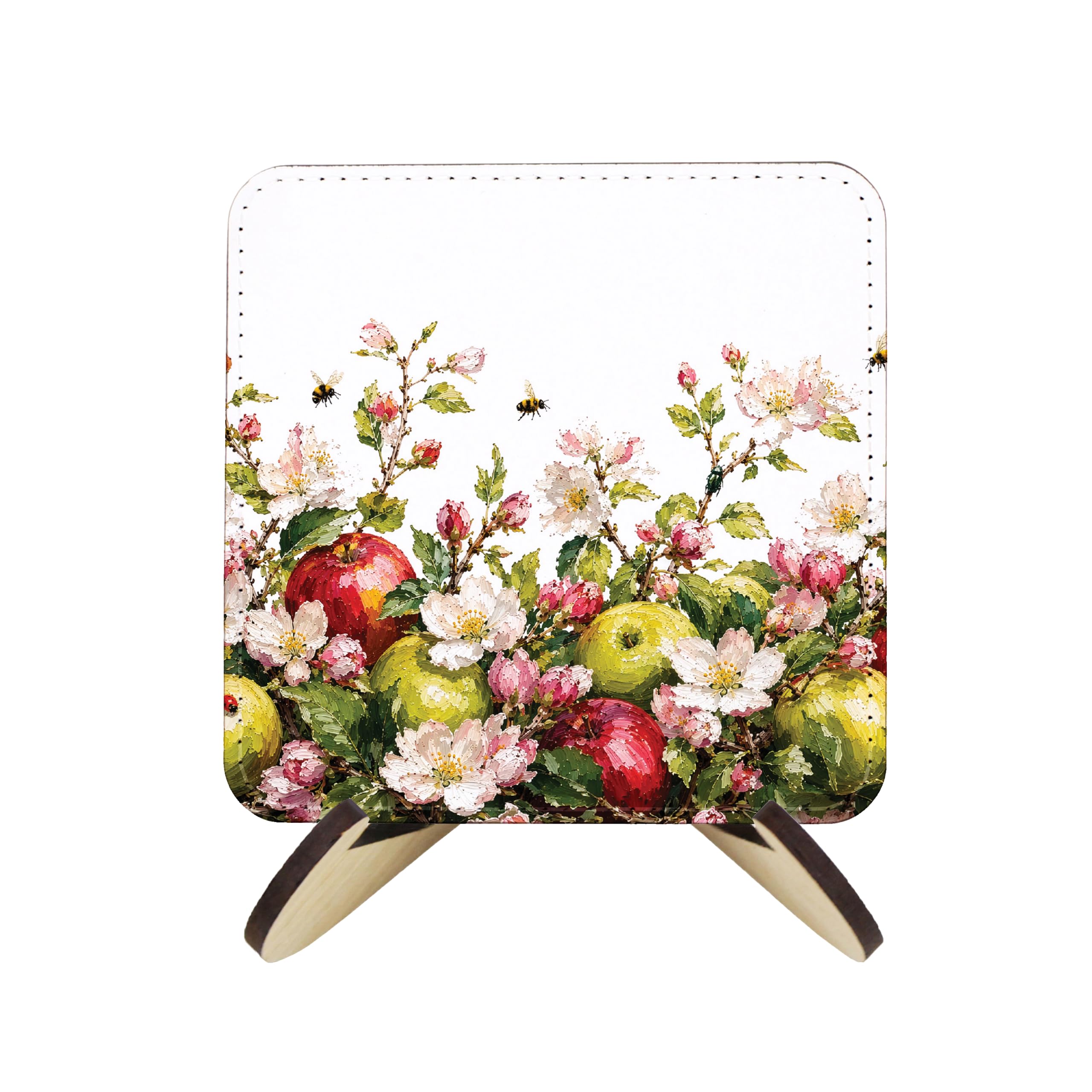 Apple Blossoms Faux Leather Coasters - Wipeable Table Decor, 4pk with Stand