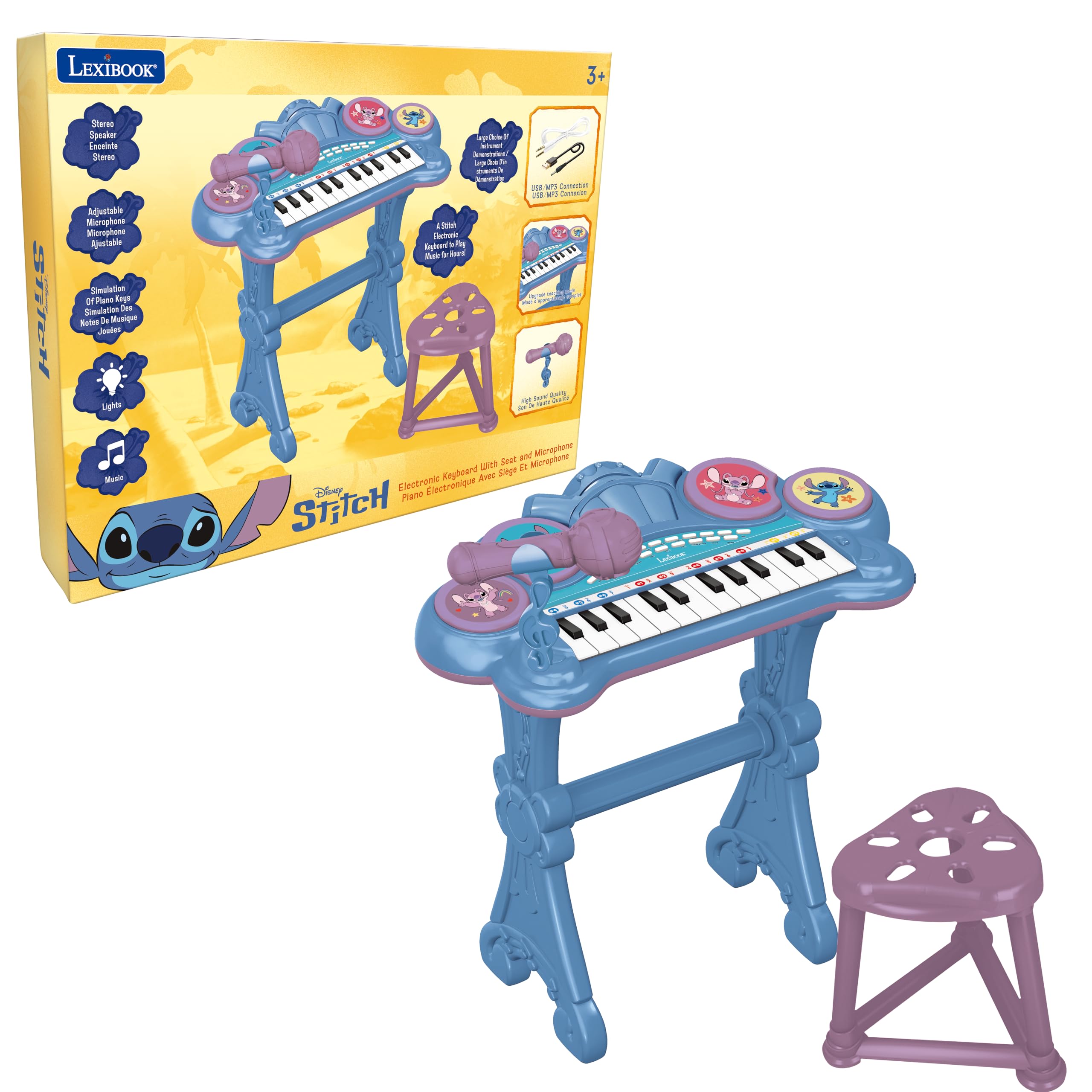 Lexibook, Tastiera pianoforte elettronica Disney Stitch, 8 tonalità, 4 ritmi, modalità di apprendimento luminosa, microfono e sgabello inclusi, K707D