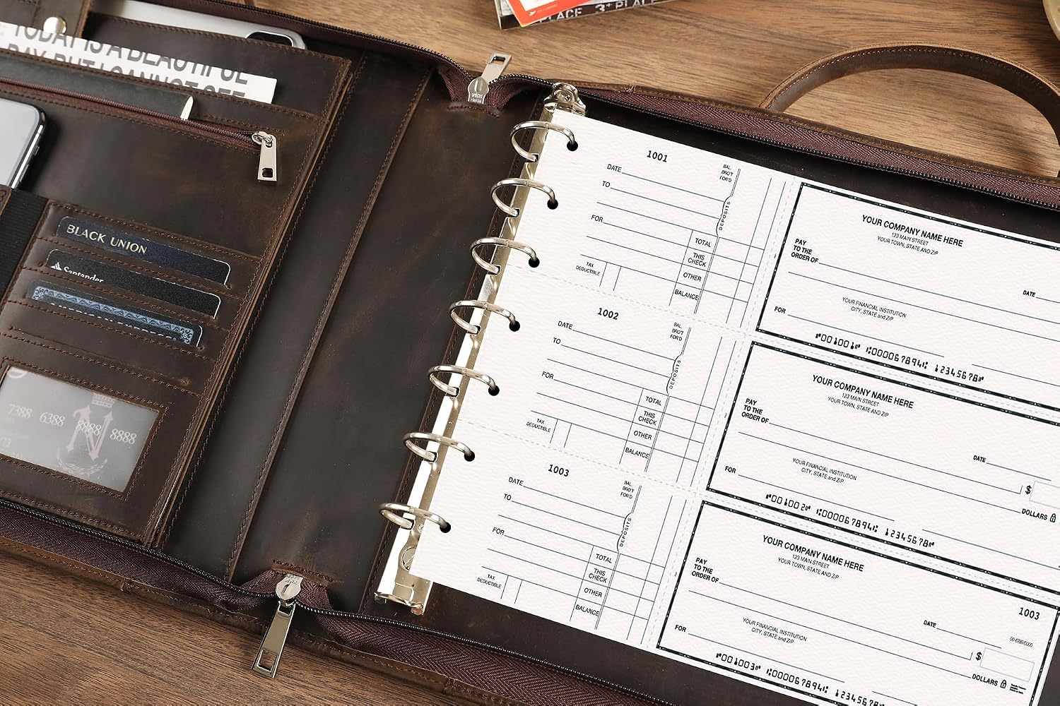 Handmade Leather Business Checkbook Binder - 7 Ring Check Binder with Handle, Check Holder Checkbooks for Business Checks for 3 Per Page 600 Checks Capacity for 9 x 13 inch Sheets, Dark Kahki