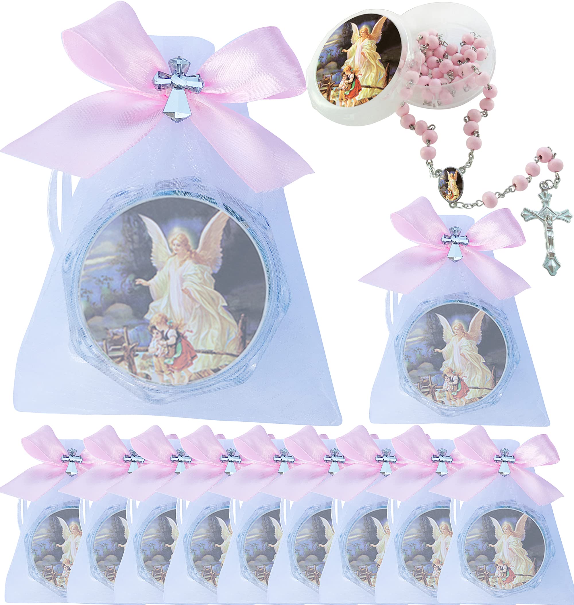 WE First Communon Baptism Pink Scented Rosary Favor - 12 Guardian Angel Rosaries with individual Gift Box and Decorated Pouches