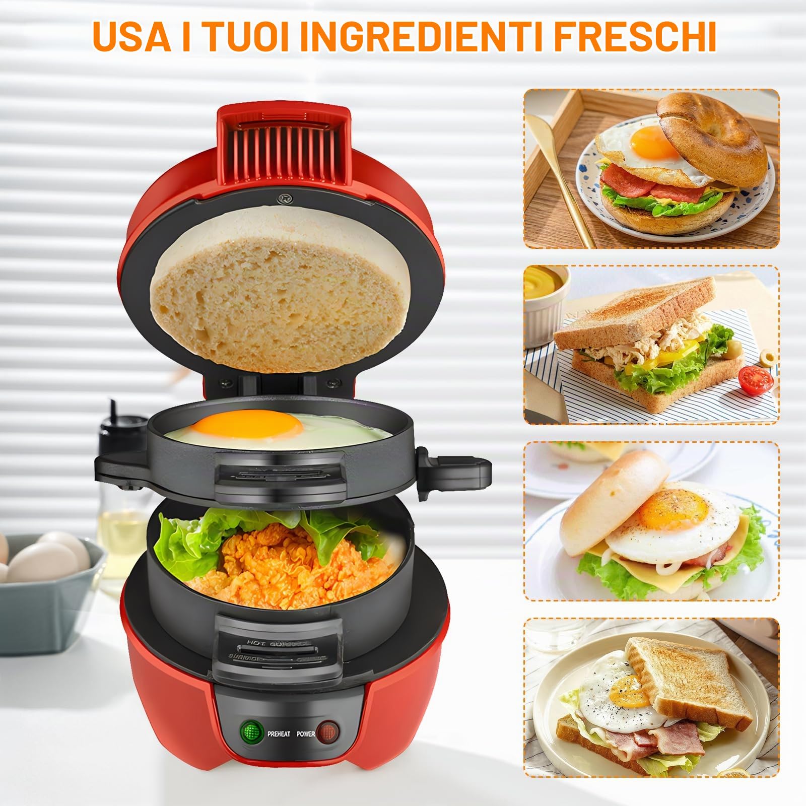 Tostapane Sandwich/Hamburger Maker, Tostapane con anello | omelette, 600 W Burger Maker con rivestimento antiaderente, Macchina Per Panini Per la Colazione Per Hamburger, Snack (Red)