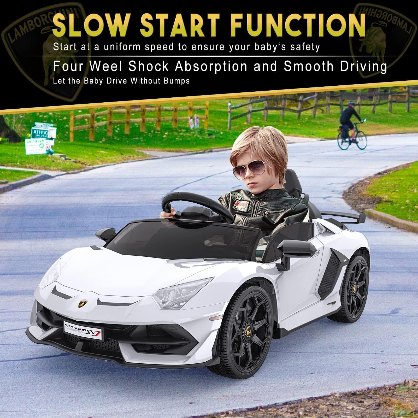 12V Elektroauto für Kinder im Lamborghini-Stil – Elektrisches Kinderfahrzeug mit Fernbedienung, hydraulischen Flügeltüren, Federung, LED-Licht, Musikfunktion, Sicherheitsgurt, robust – Für
