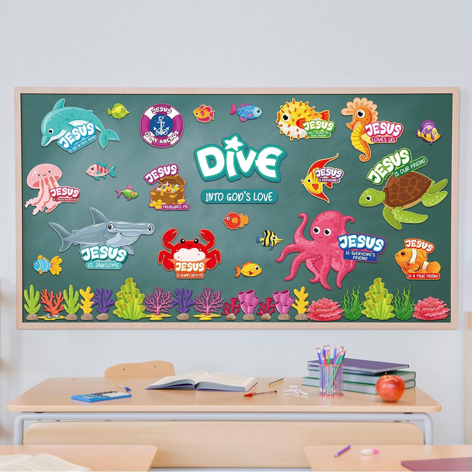 53 Pcs Under The Sea VBS Classroom Christian Summer Bulletin Board Set Dive into God's Love Ocean Theme Party Jellyfish Sea Turtle Dolphin Shark Religious Cutout for Sunday School Wall Decor