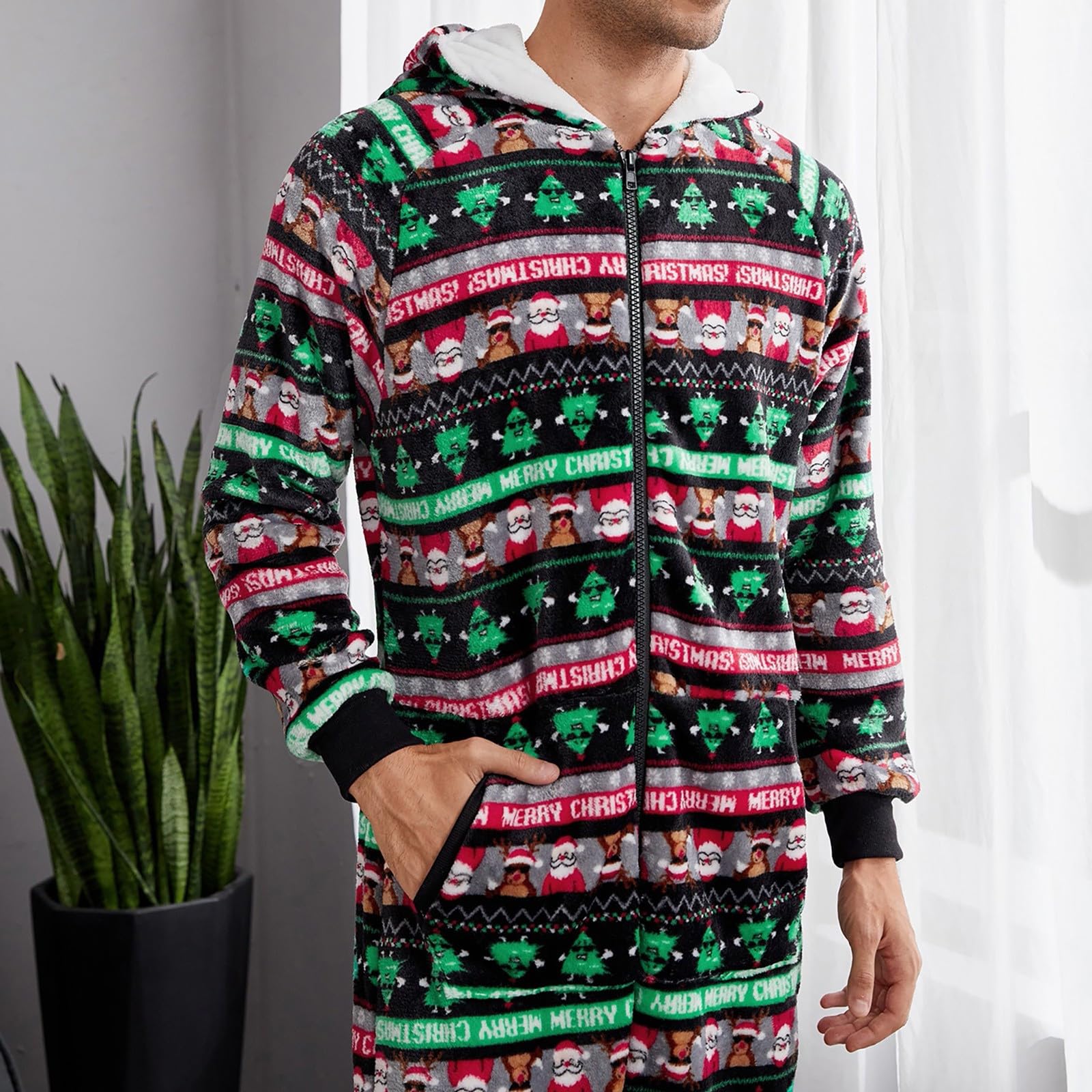 Genérico Pijama Hombre Navidad Franela Forrado Estampado Holgado Manga Larga con Bolsillos
