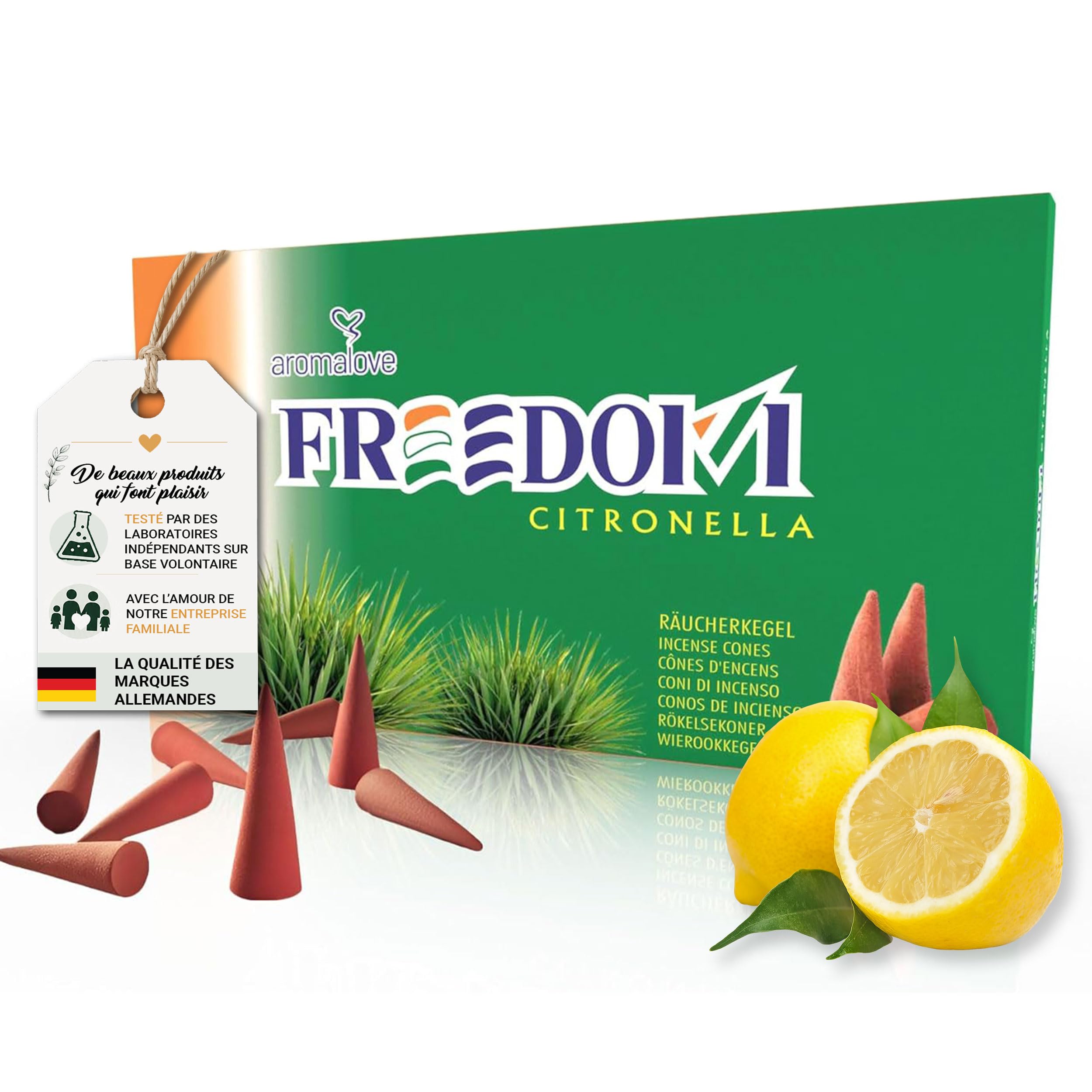 Aromalove Cônes d'encens XXL Freedom Citronnelle Longue durée Paquet de 50