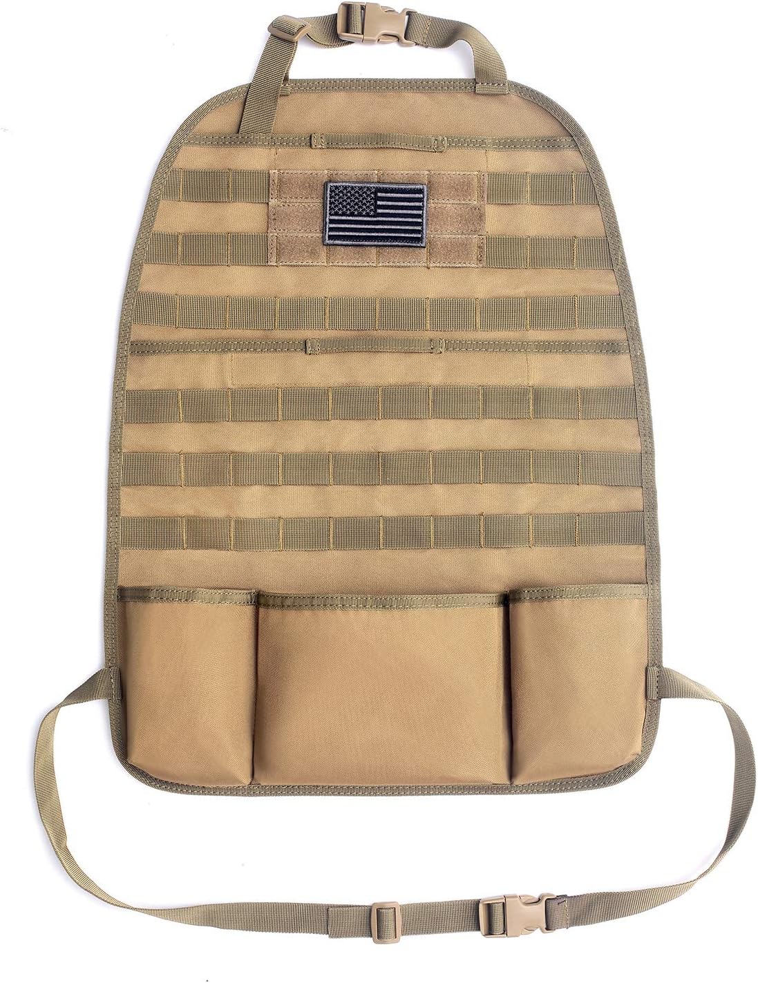Tacticool Car Seat Back Organizer - Upgraded Tactical Molle Vehicle Panel Universal Fit Car Seat Cover Protector with Extra USA Flag Patch (Coyote Brown)