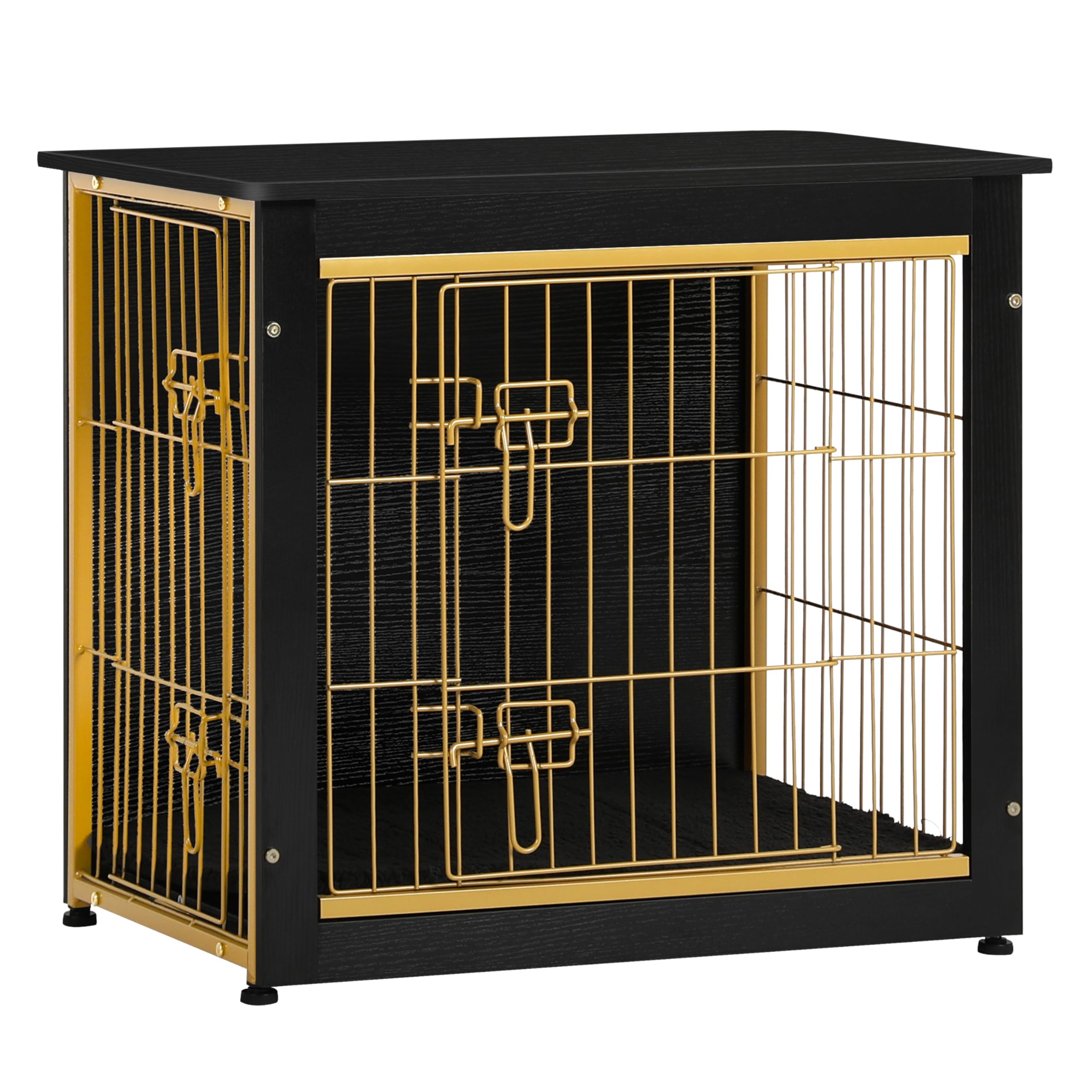 DWANTON Mobili per gabbia per cani con cuscino, tavolo per cuccia in legno con doppie porte, per interni, taglia S/M/L, 69,1 cm, nero+oro